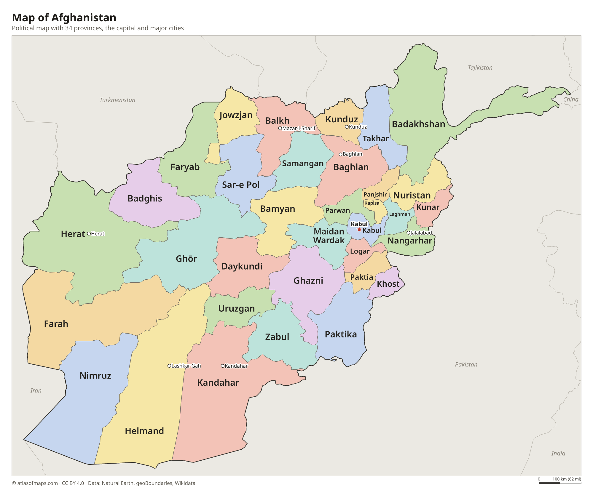Political map of Afghanistan with its provinces and the capital Kabul