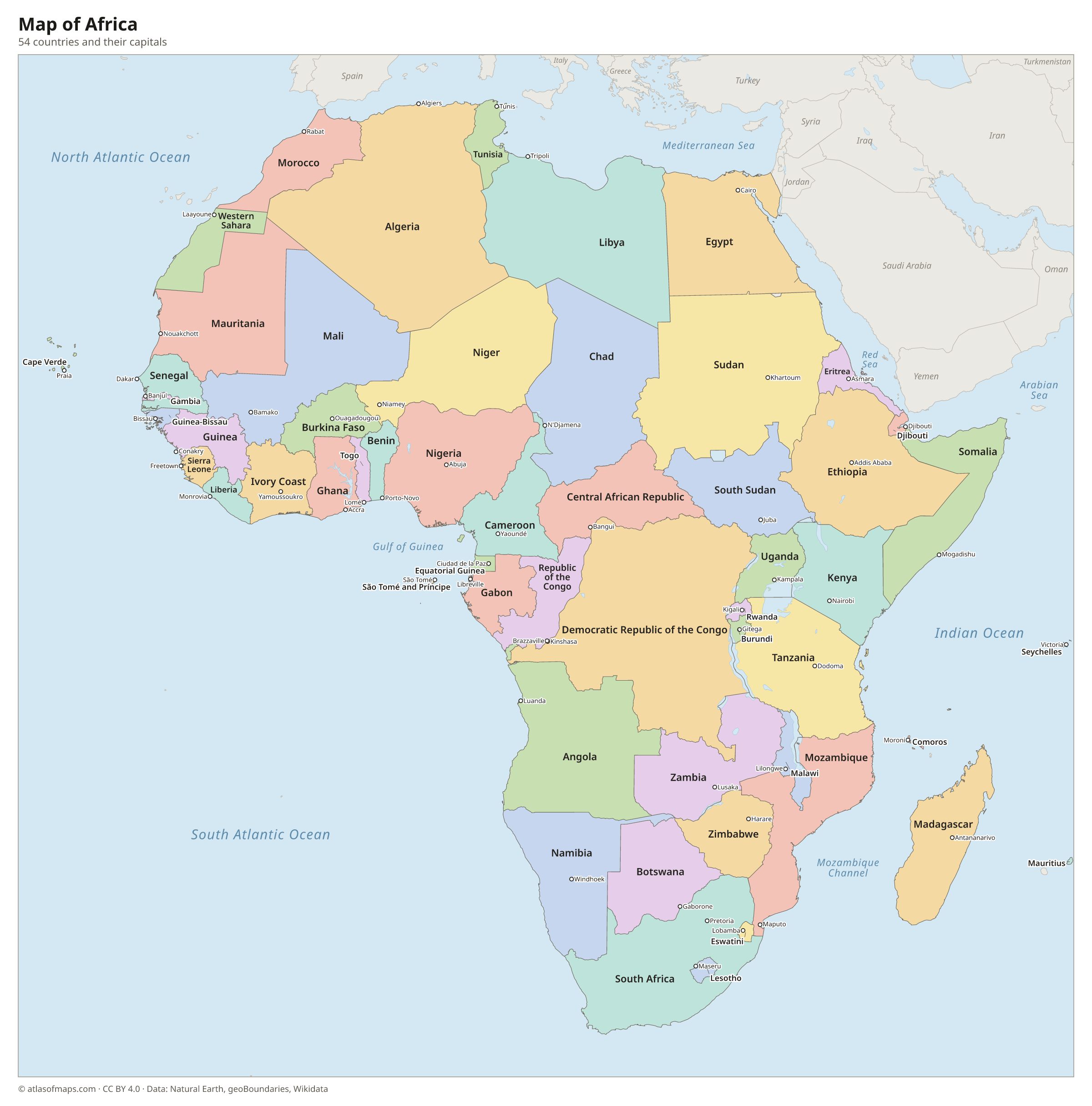 Map of Africa with the countries and their capitals
