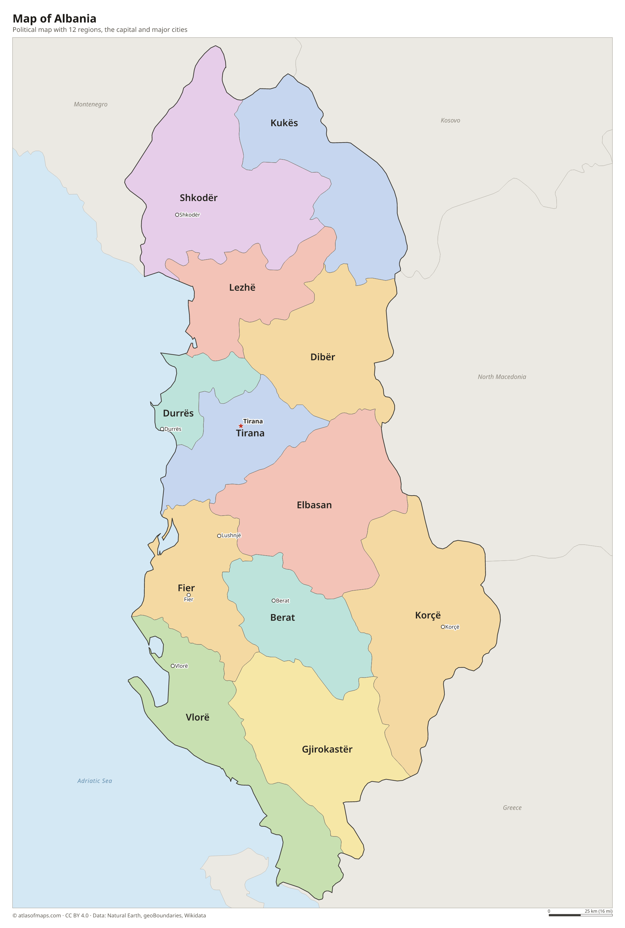Political map of Albania with its regions and the capital Tirana