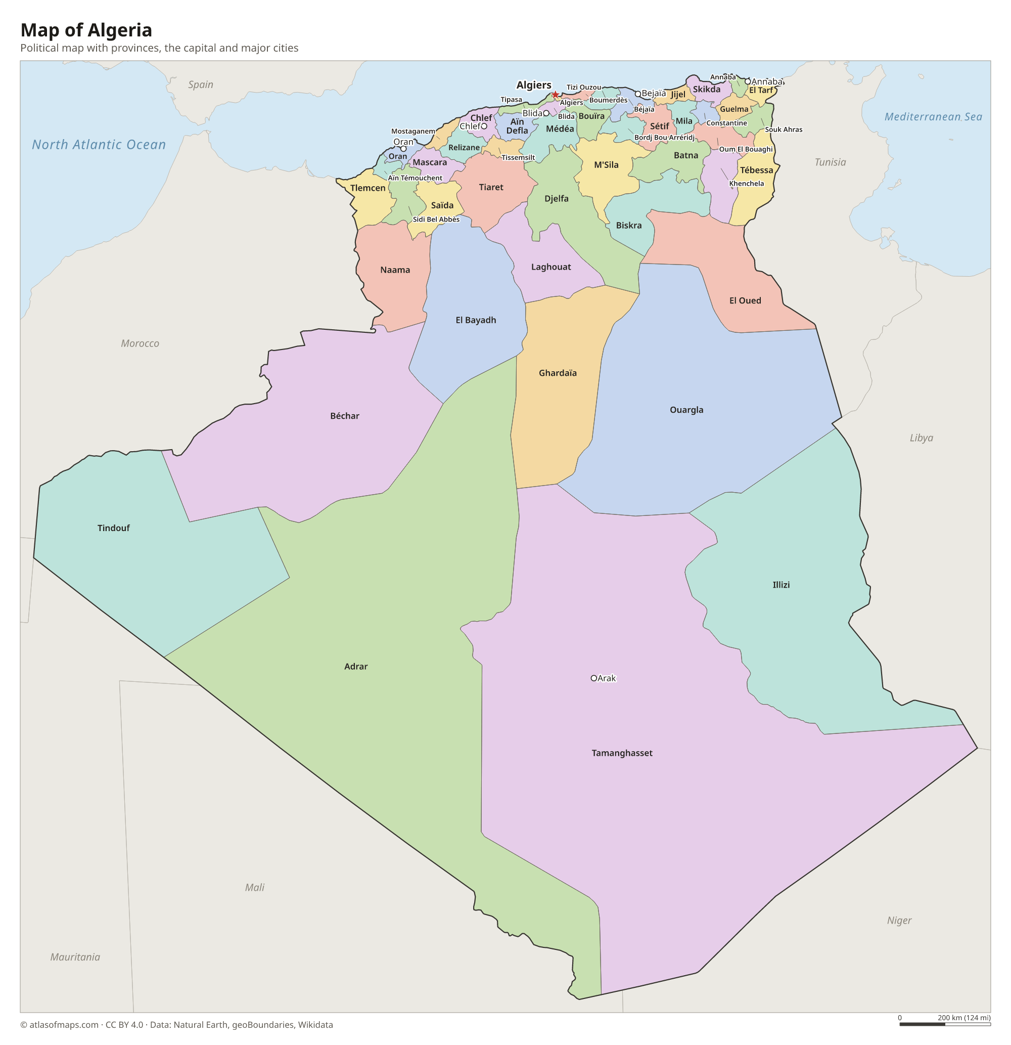 Political map of Algeria with its provinces and the capital Algiers