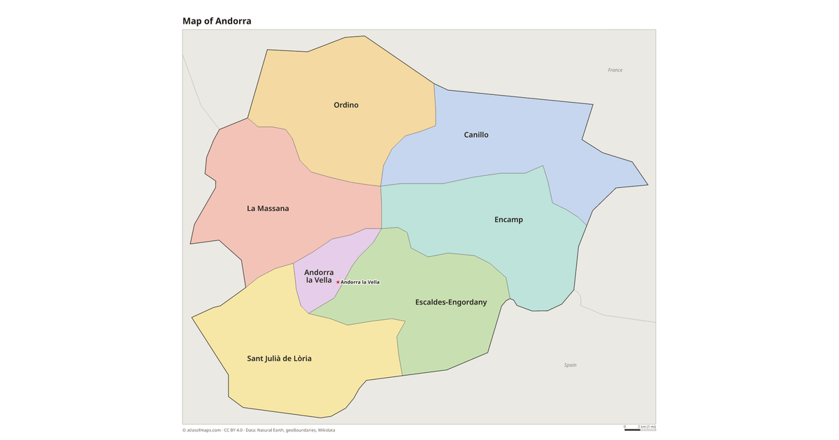 Regional Map Label Map of Andorra with Regions and Capitals (Printable)