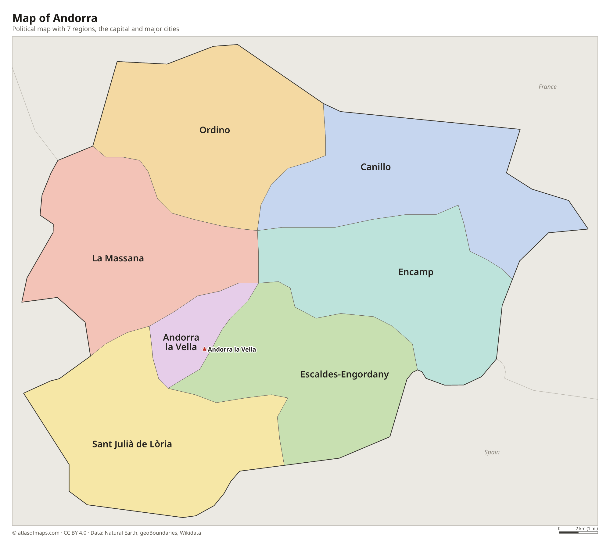 Political map of Andorra with its regions and the capital Andorra la Vella