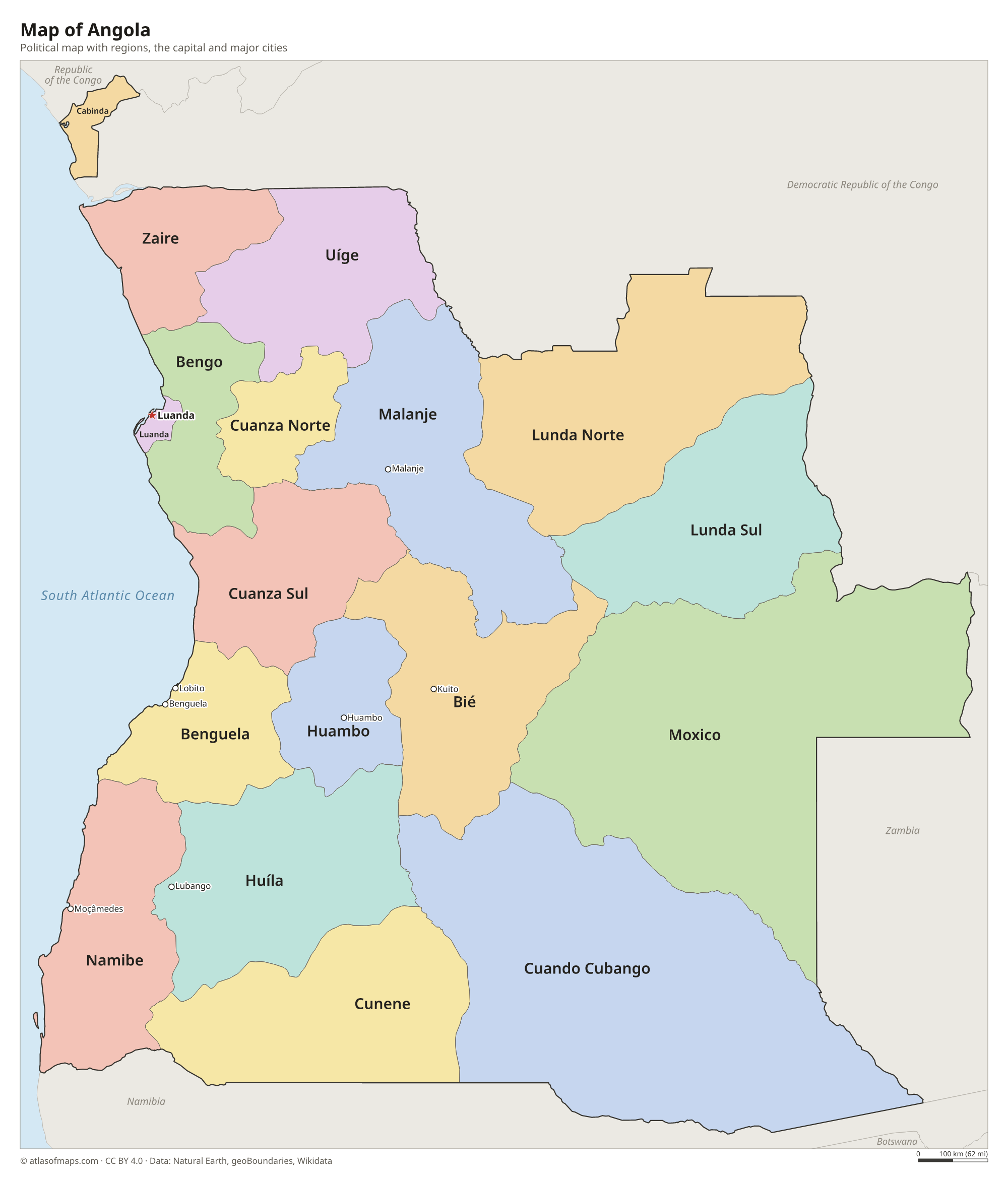 Political map of Angola with its regions and the capital Luanda