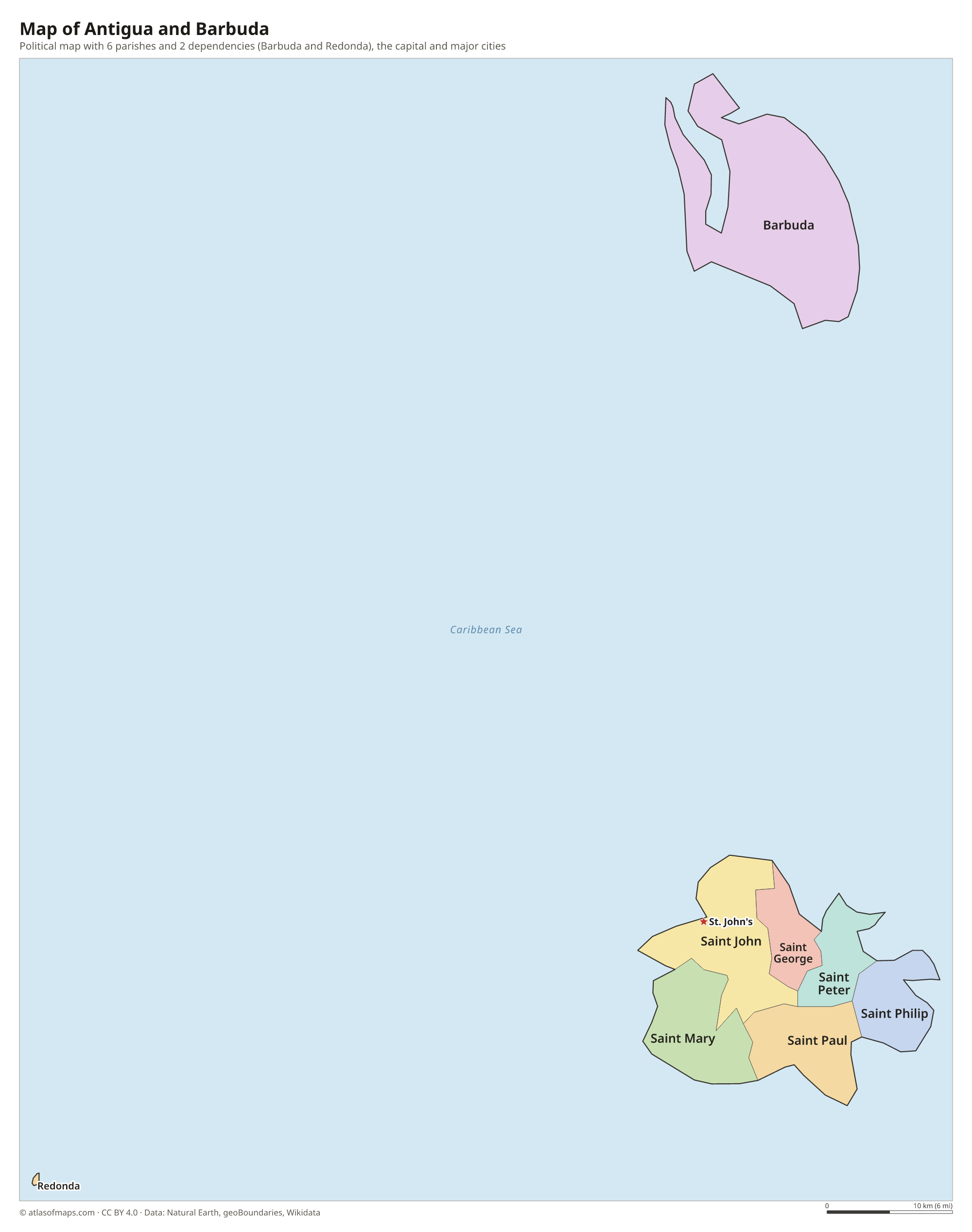 Political map of Antigua and Barbuda with its regions and the capital St. John's
