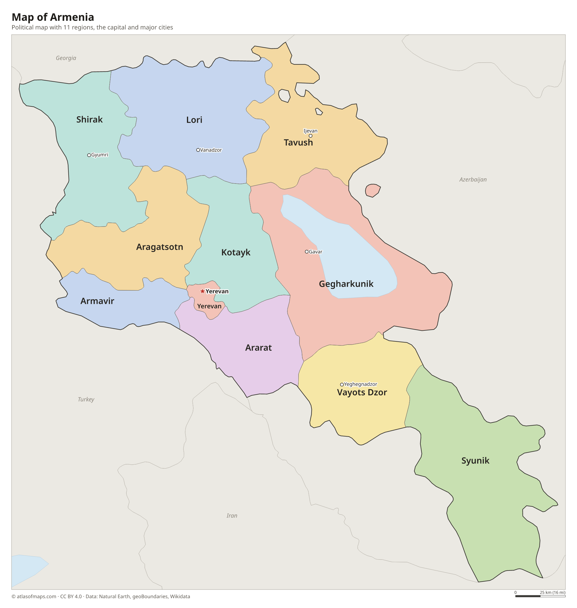 Political map of Armenia with its regions and the capital Yerevan