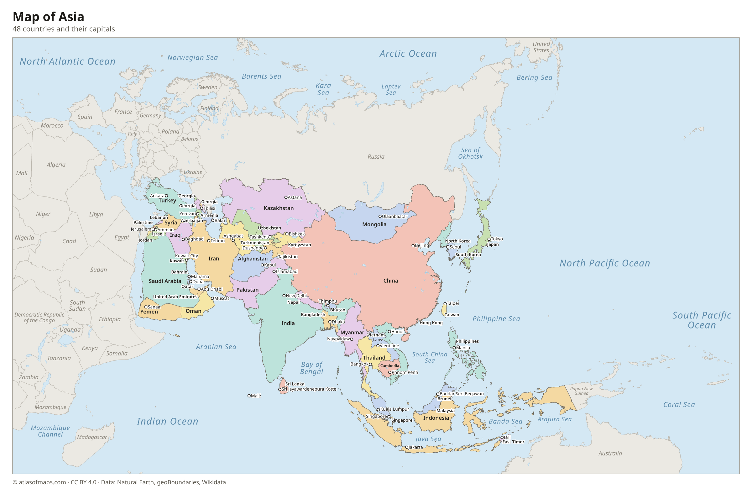 Map of Asia with the countries and their capitals