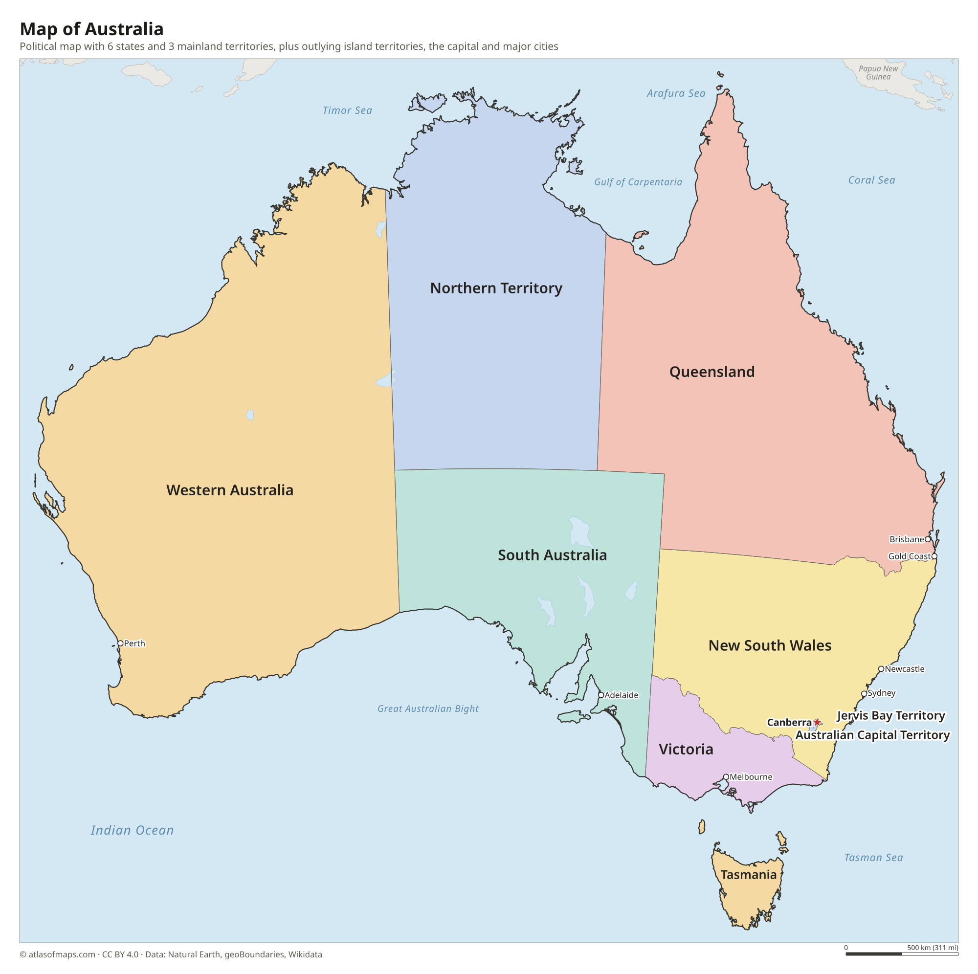 Political map of Australia with its states and territories and the capital Canberra
