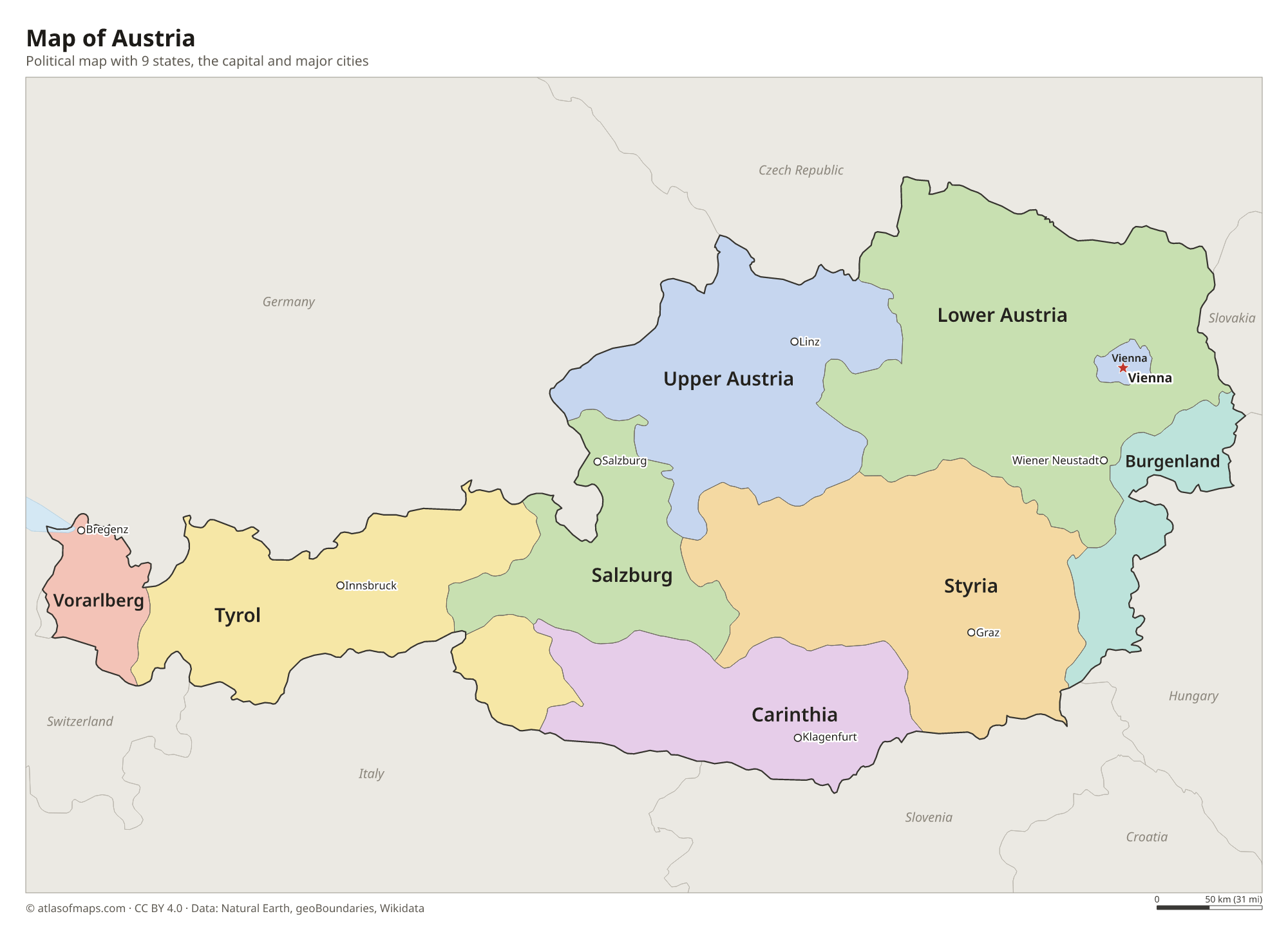 Political map of Austria with its states and the capital Vienna