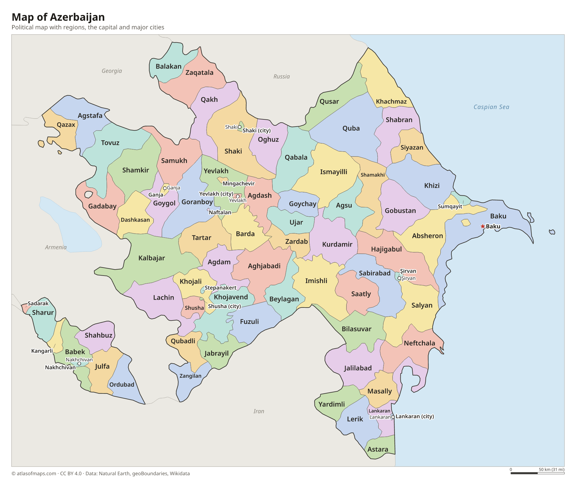 Political map of Azerbaijan with its regions and the capital Baku