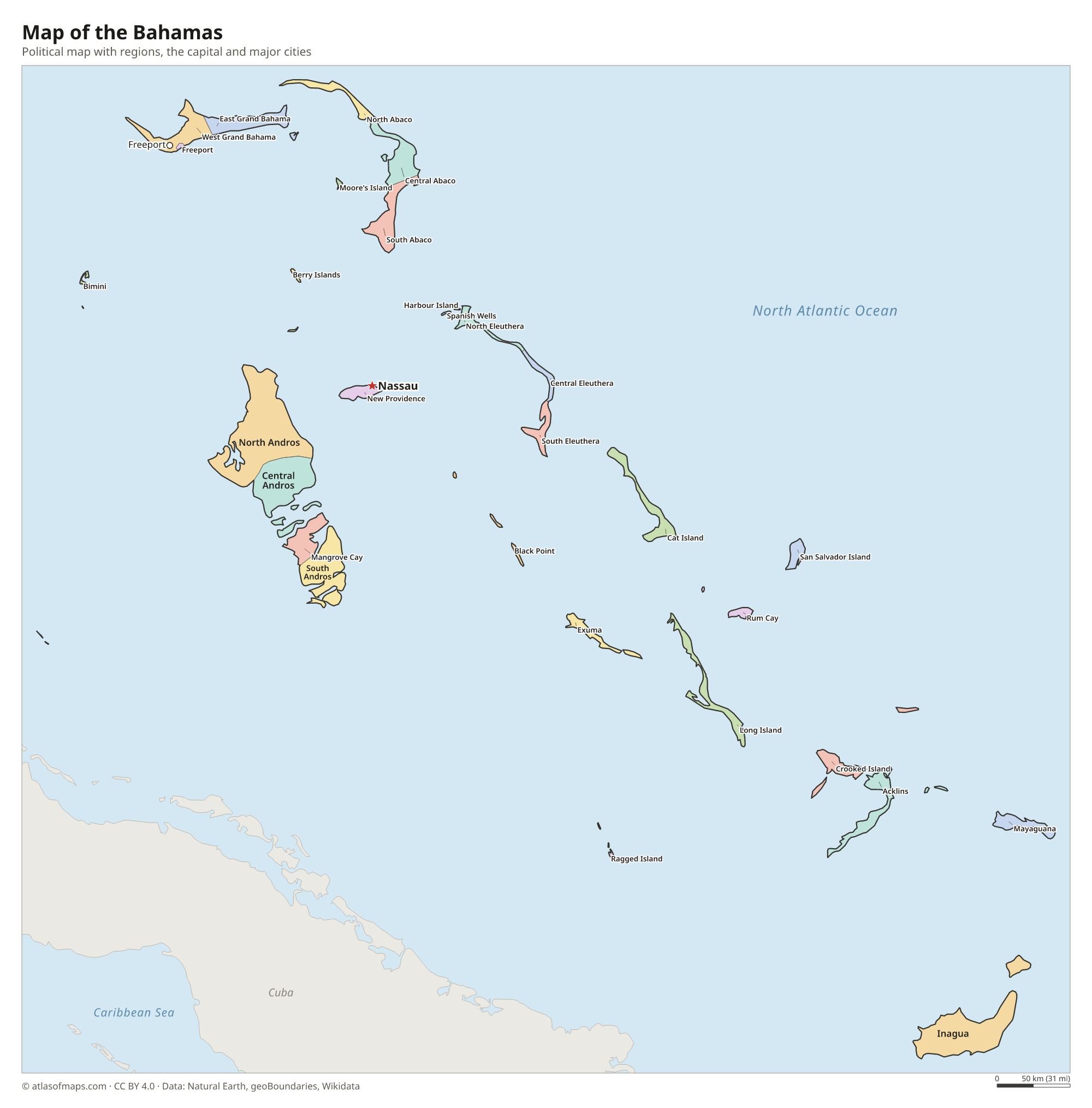 Political map of the Bahamas with its regions and the capital Nassau