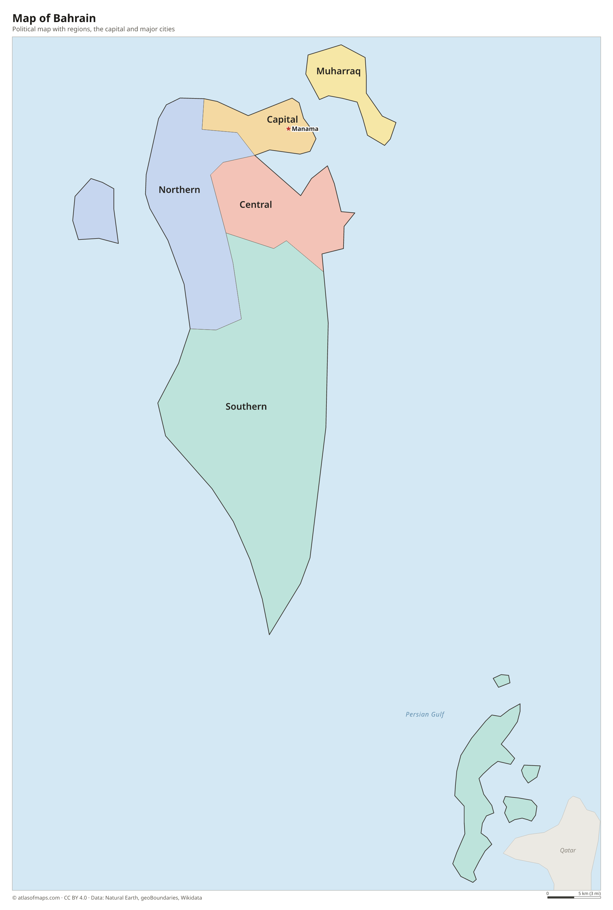 Political map of Bahrain with its regions and the capital Manama