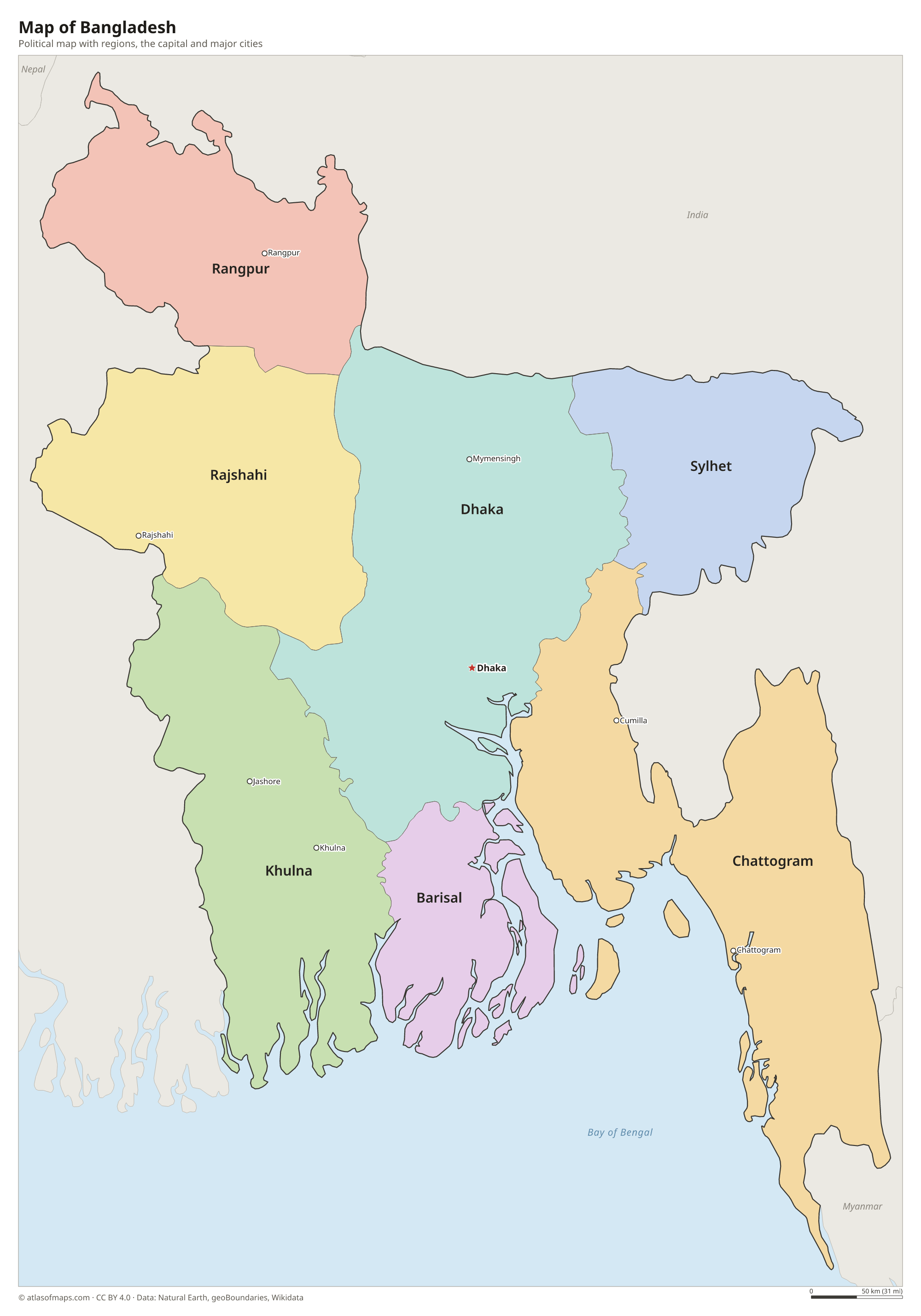 Political map of Bangladesh with its regions and the capital Dhaka