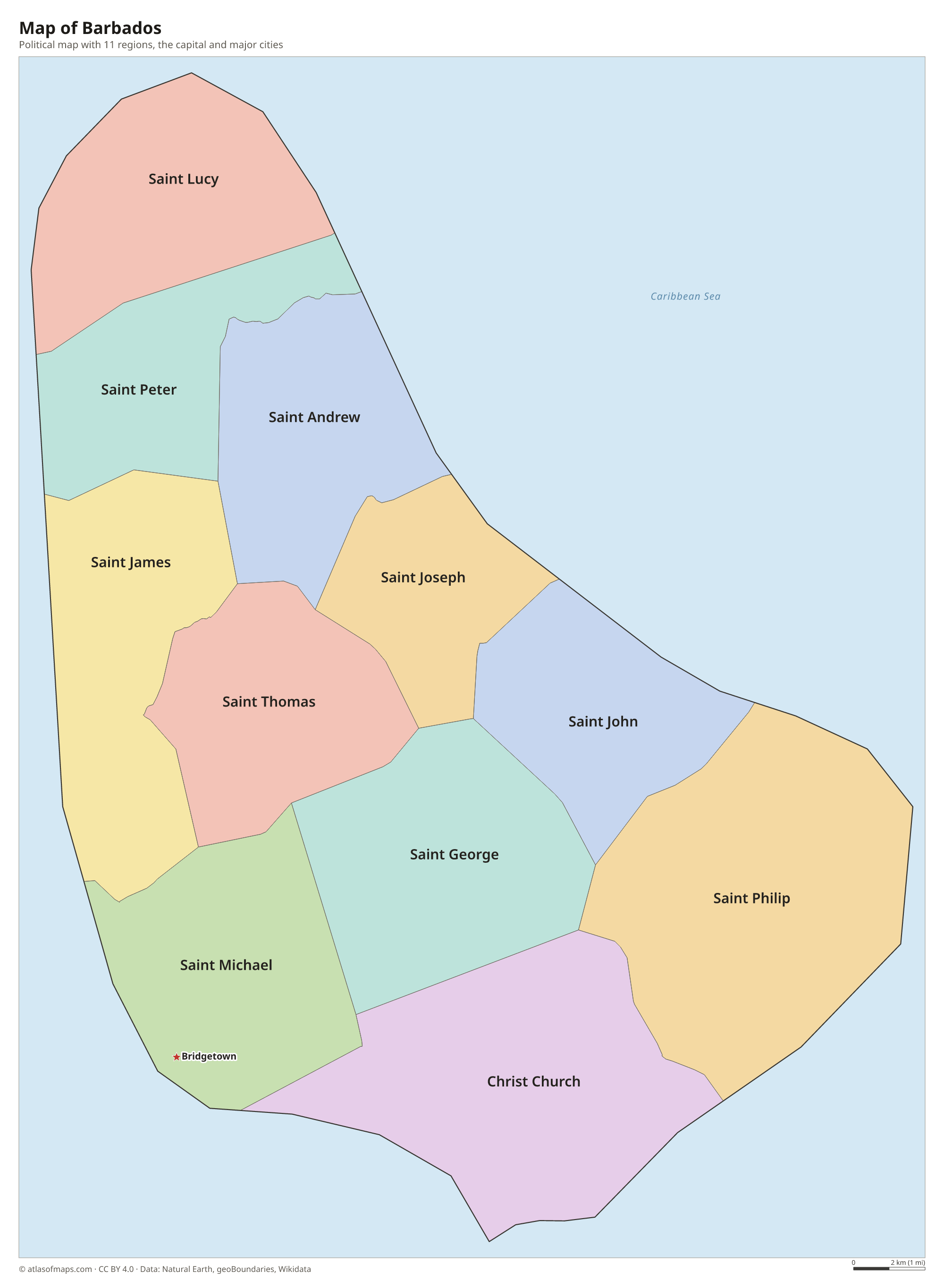 Political map of Barbados with its regions and the capital Bridgetown
