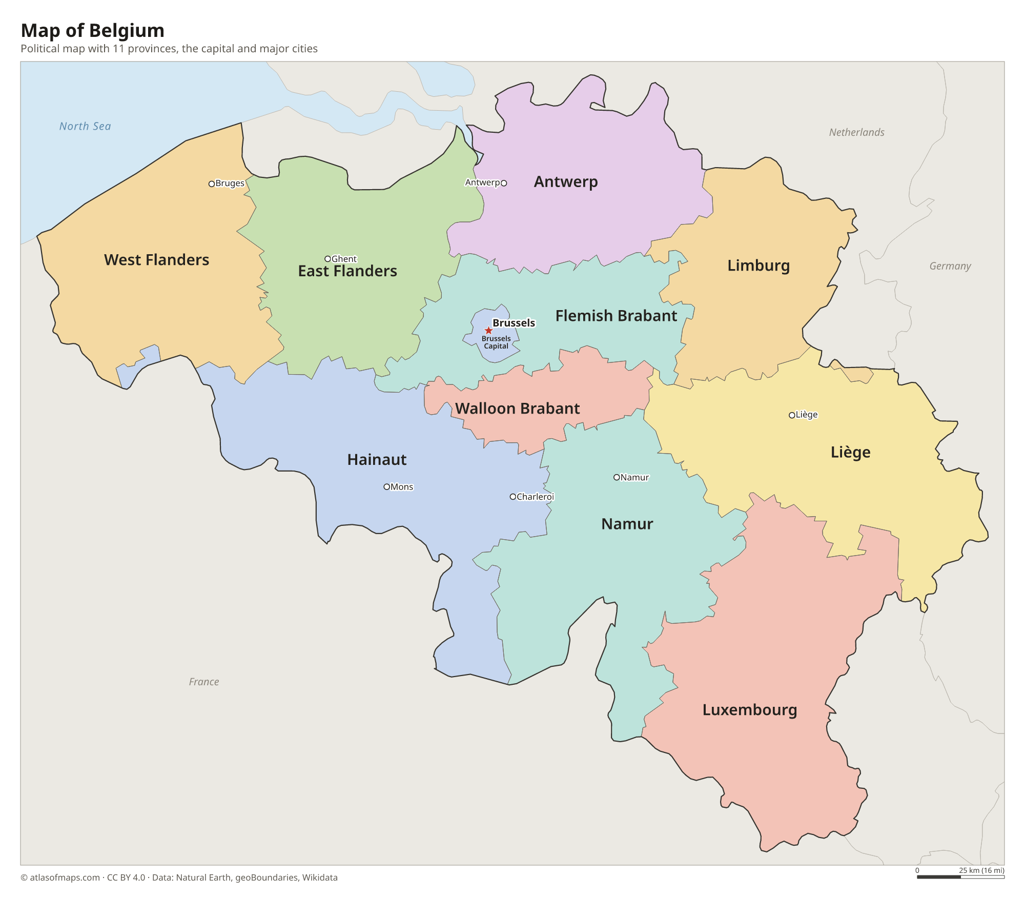 Political map of Belgium with its provinces and the capital Brussels