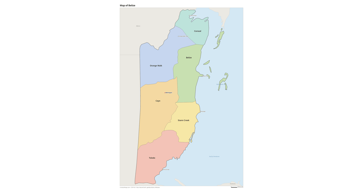 Regional Map Label Map of Belize with Regions and Capitals (Printable)