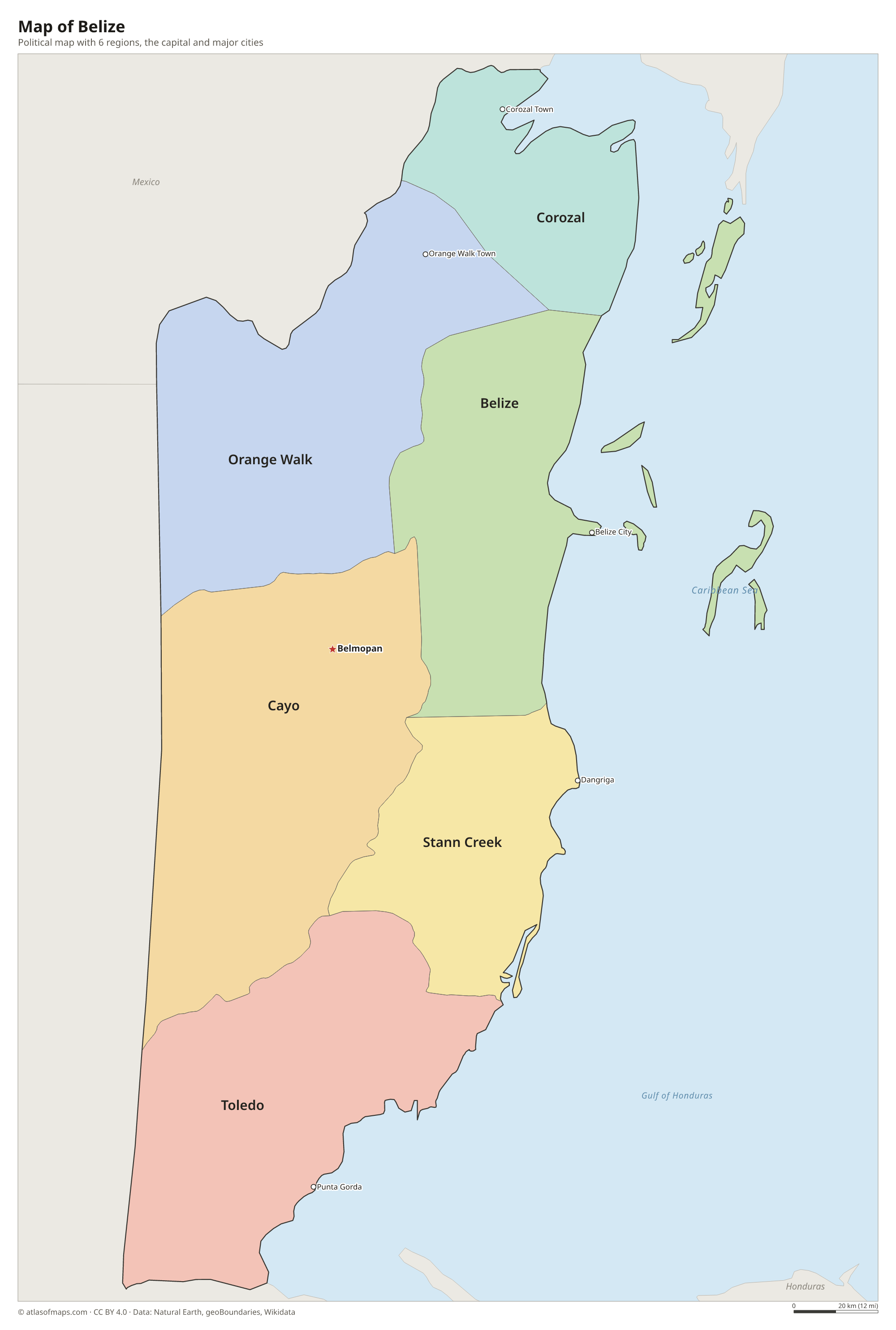 Political map of Belize with its regions and the capital Belmopan