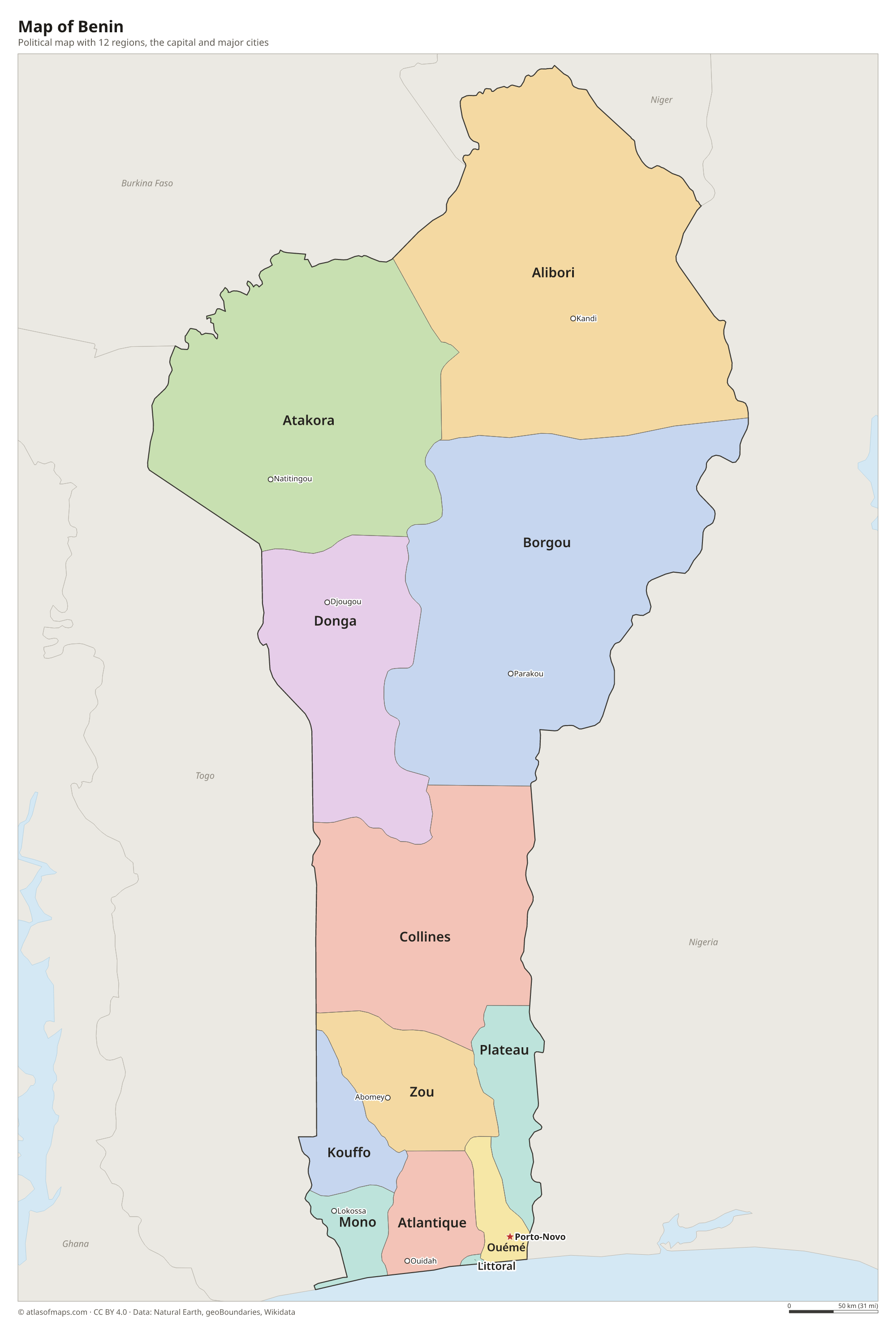 Political map of Benin with its regions and the capital Porto-Novo