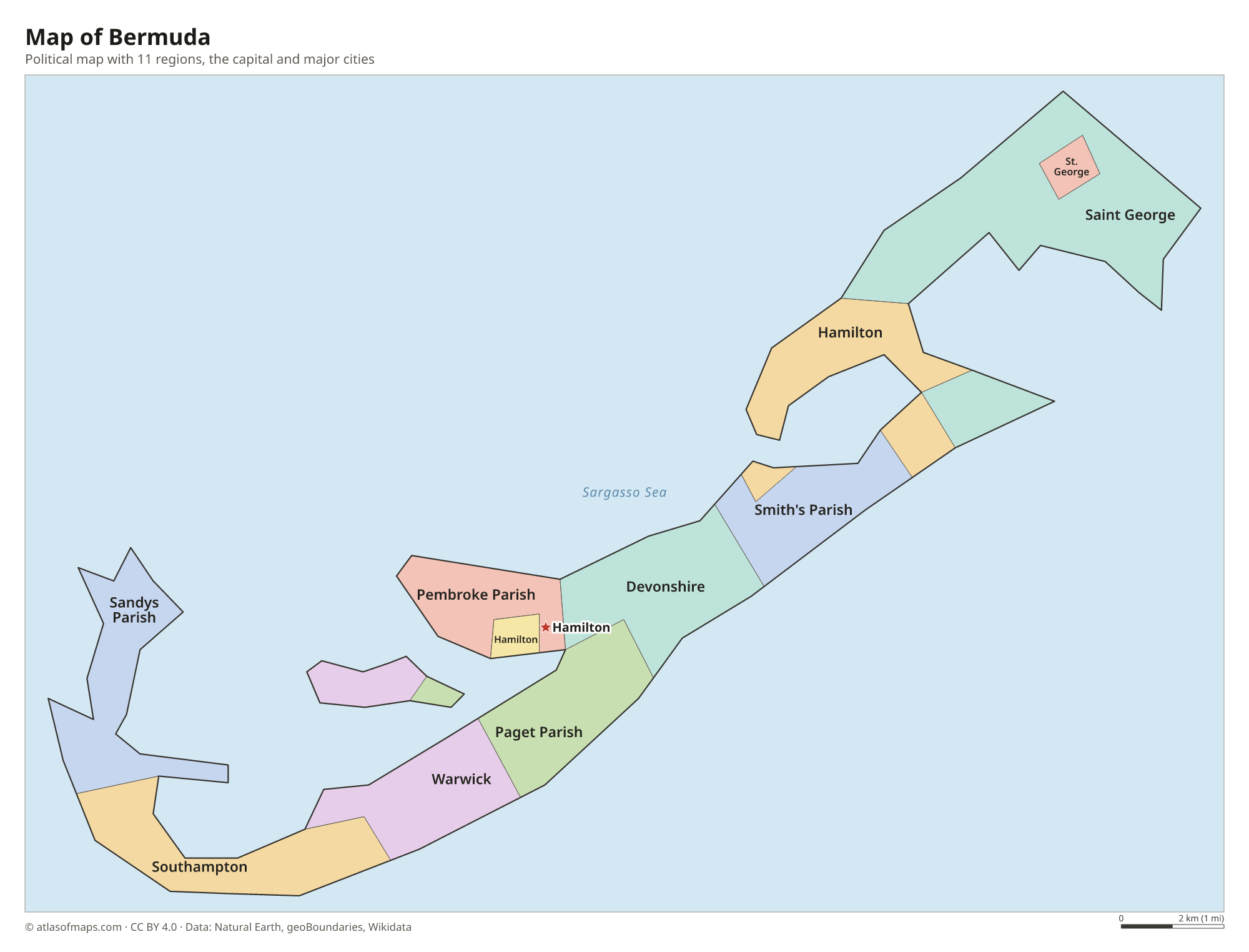 Political map of Bermuda with its regions and the capital Hamilton