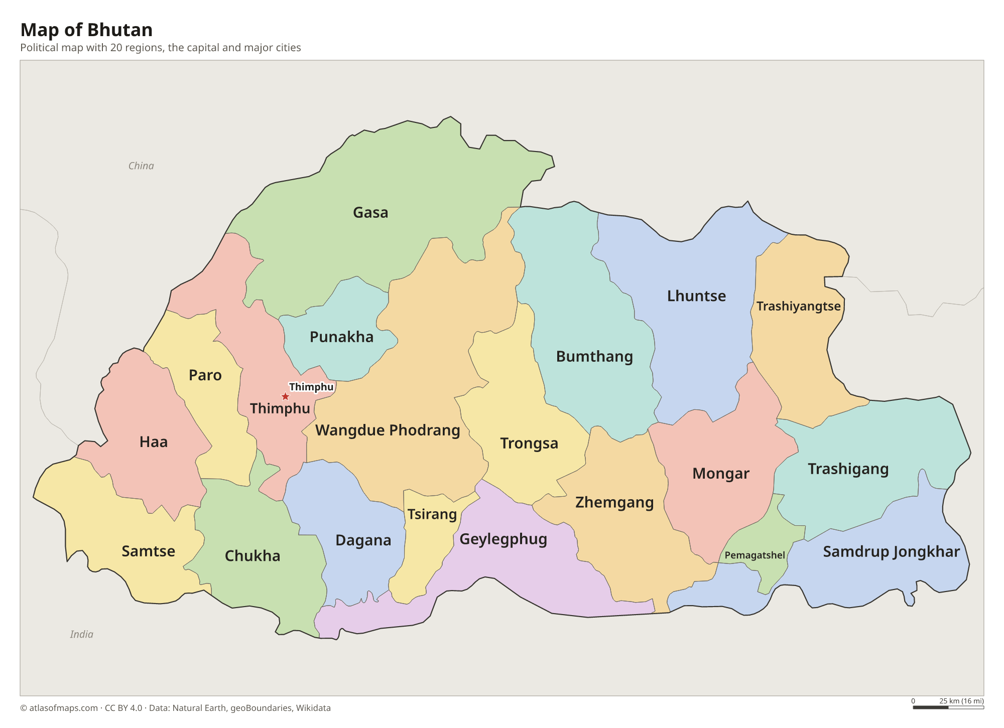 Political map of Bhutan with its regions and the capital Thimphu