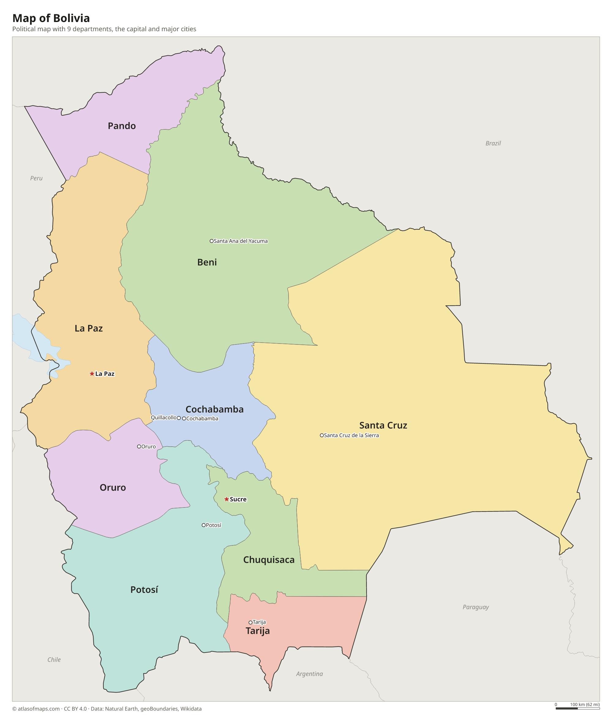 Political map of Bolivia with its departments and the capital Sucre and La Paz