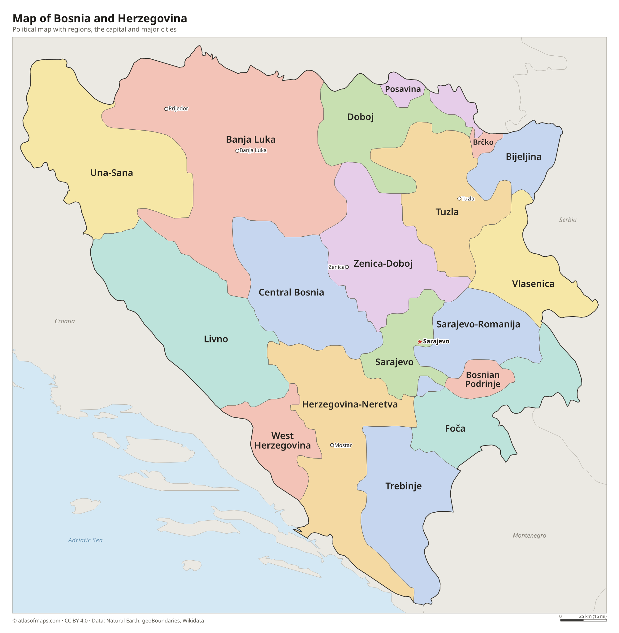Political map of Bosnia and Herzegovina with its regions and the capital Sarajevo