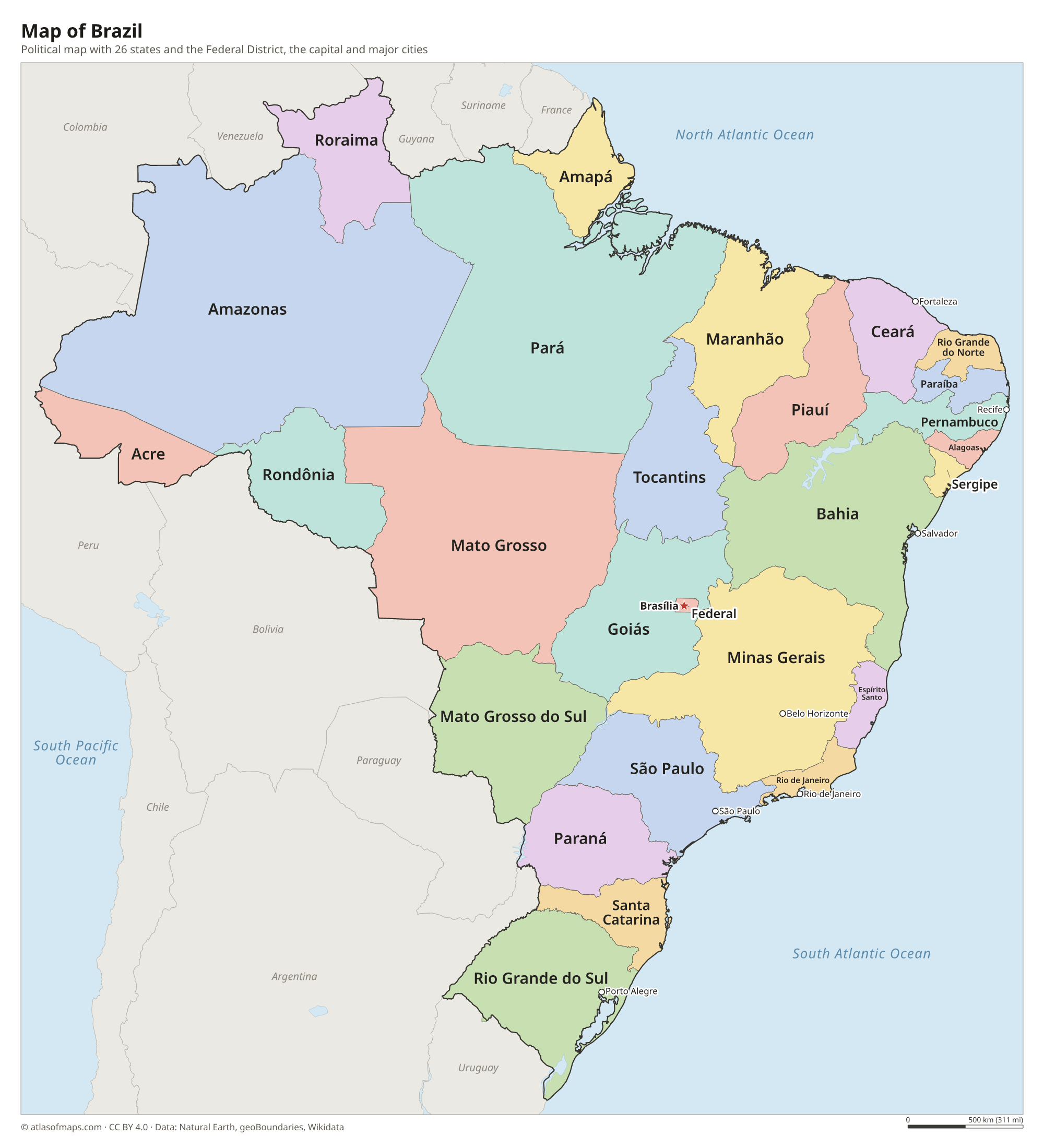 Political map of Brazil with its states and the capital Brasília