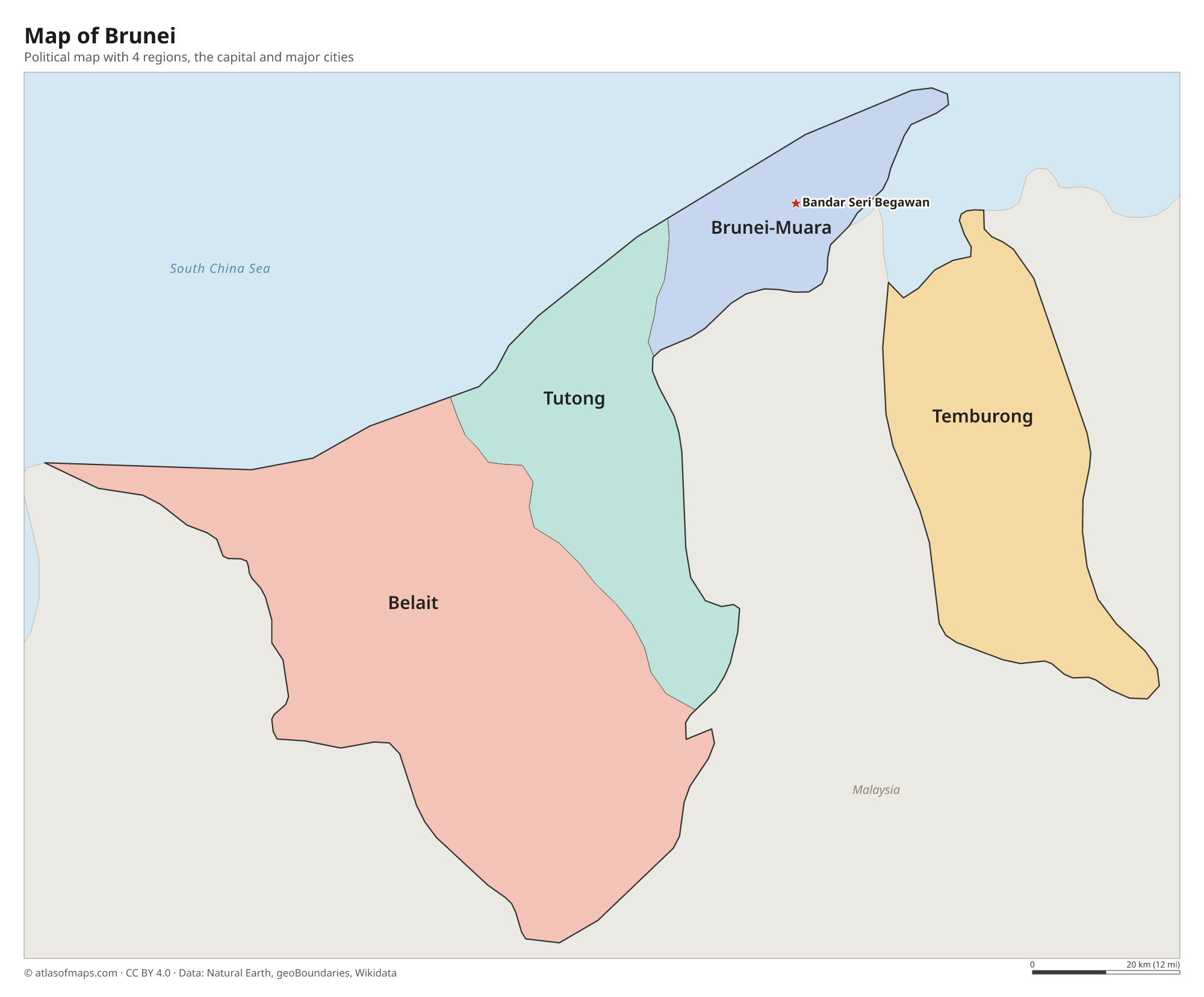 Political map of Brunei with its regions and the capital Bandar Seri Begawan