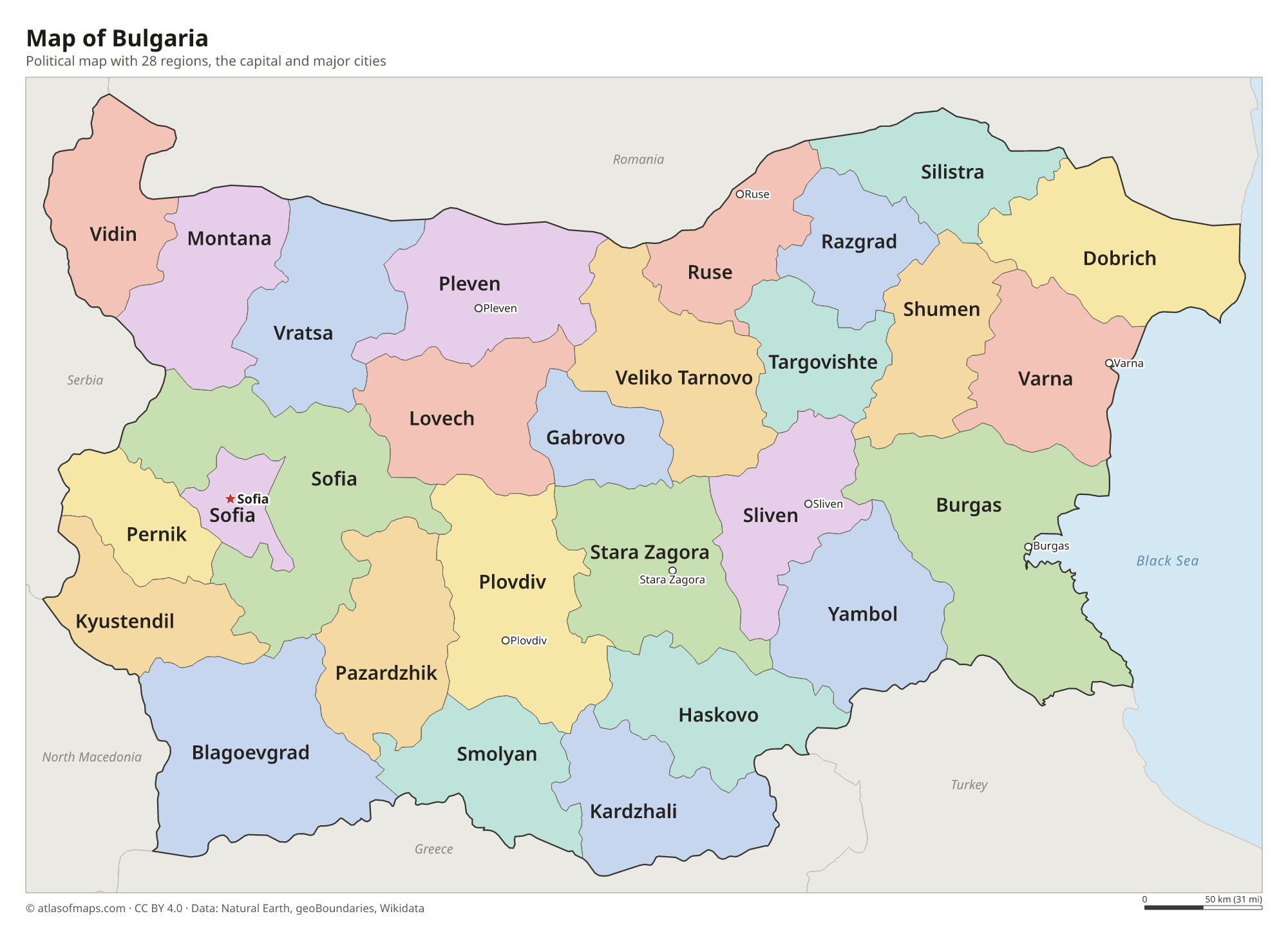 Political map of Bulgaria with its regions and the capital Sofia