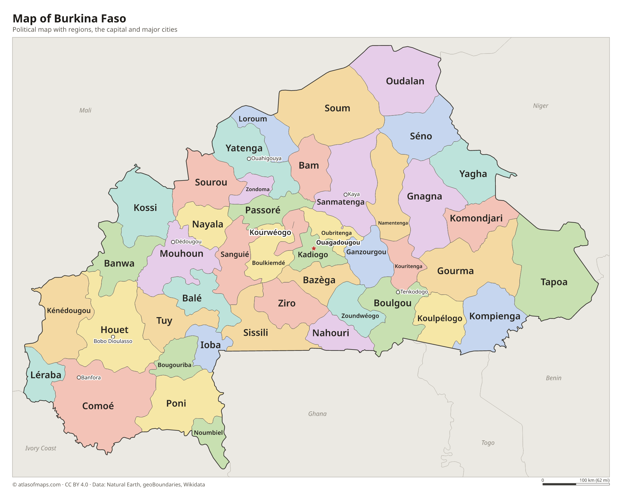 Political map of Burkina Faso with its regions and the capital Ouagadougou