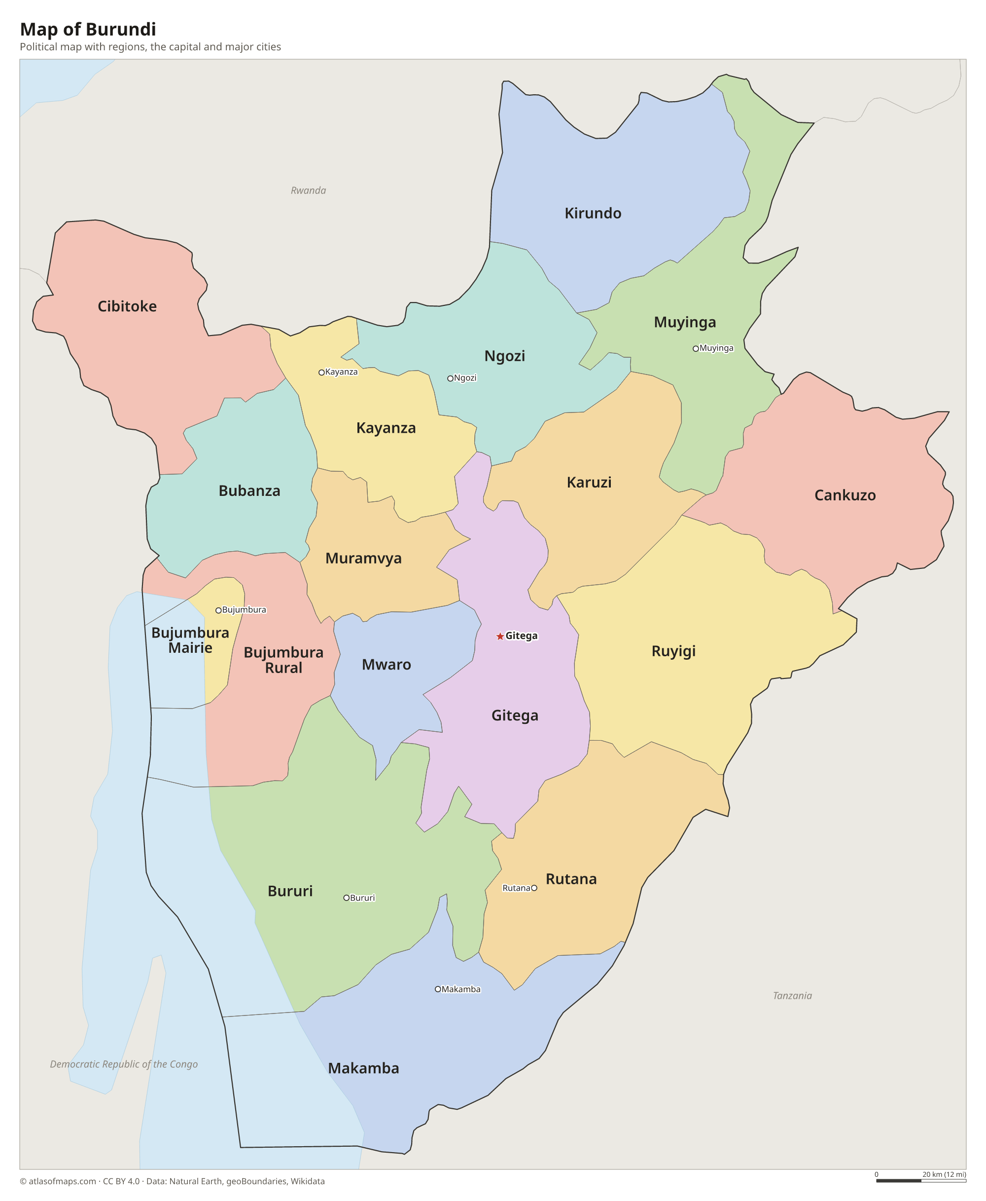 Political map of Burundi with its regions and the capital Gitega