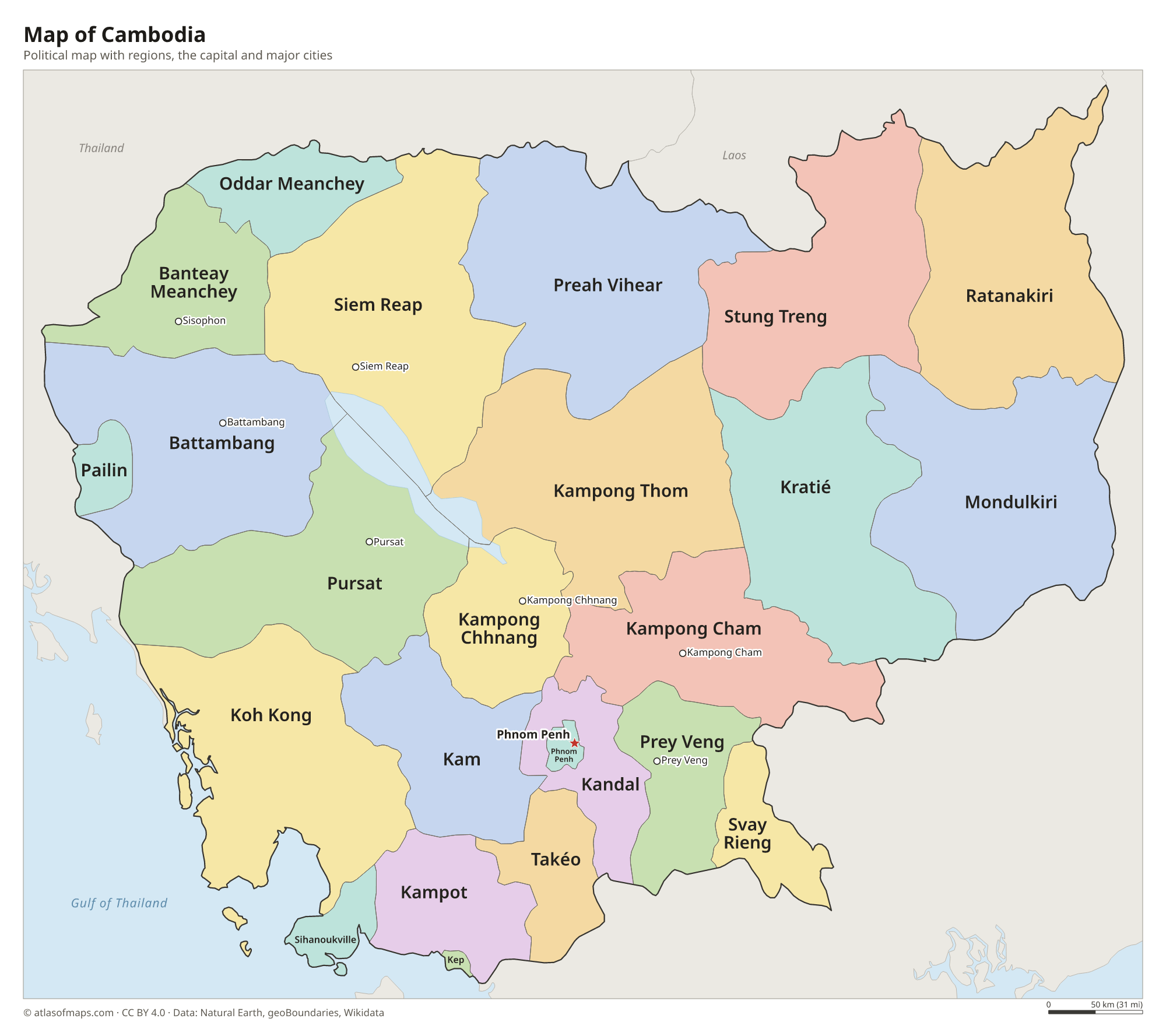 Political map of Cambodia with its regions and the capital Phnom Penh