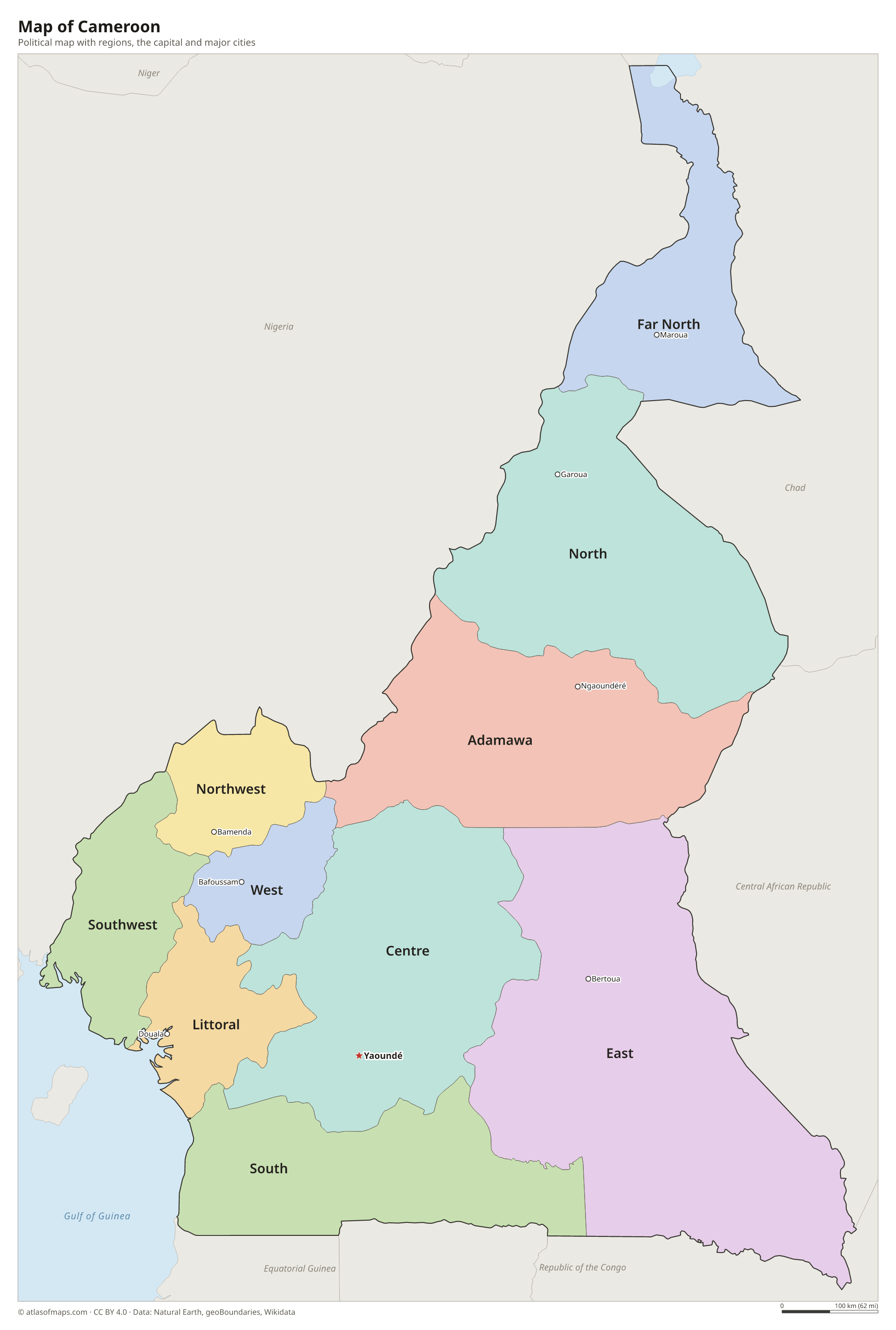 Political map of Cameroon with its regions and the capital Yaoundé