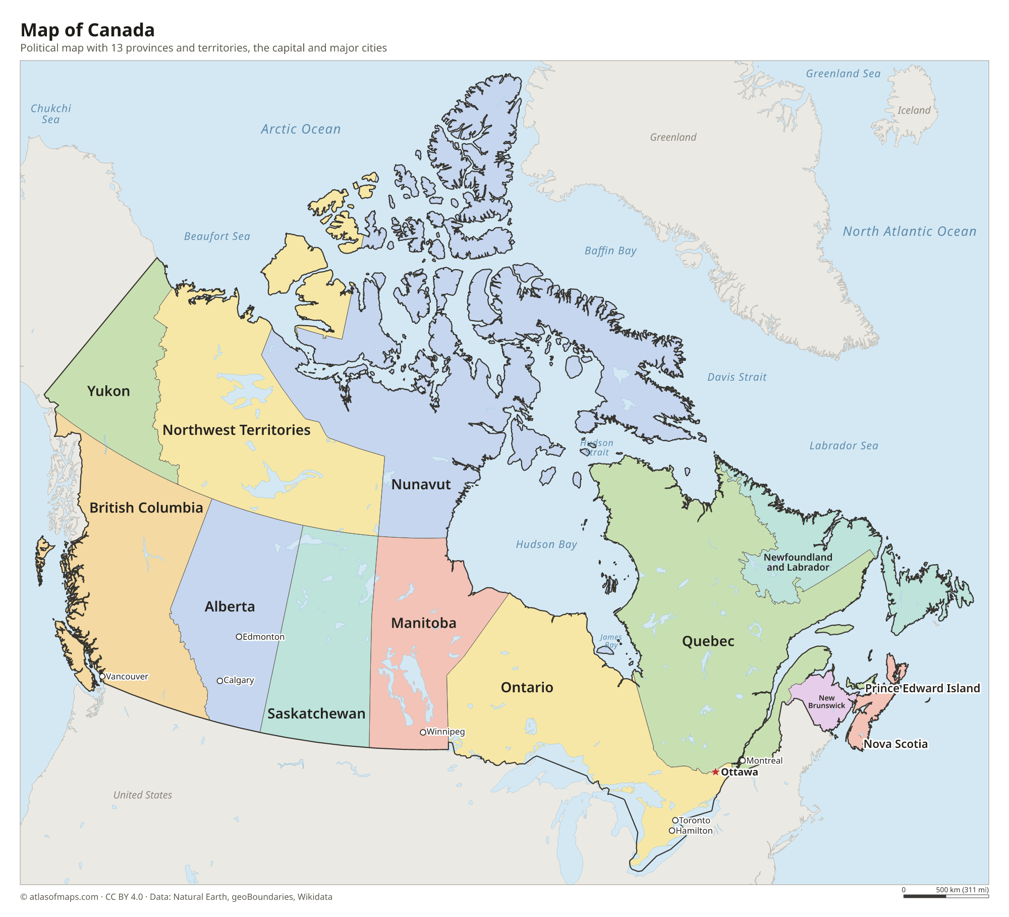 Political map of Canada with its provinces and territories and the capital Ottawa