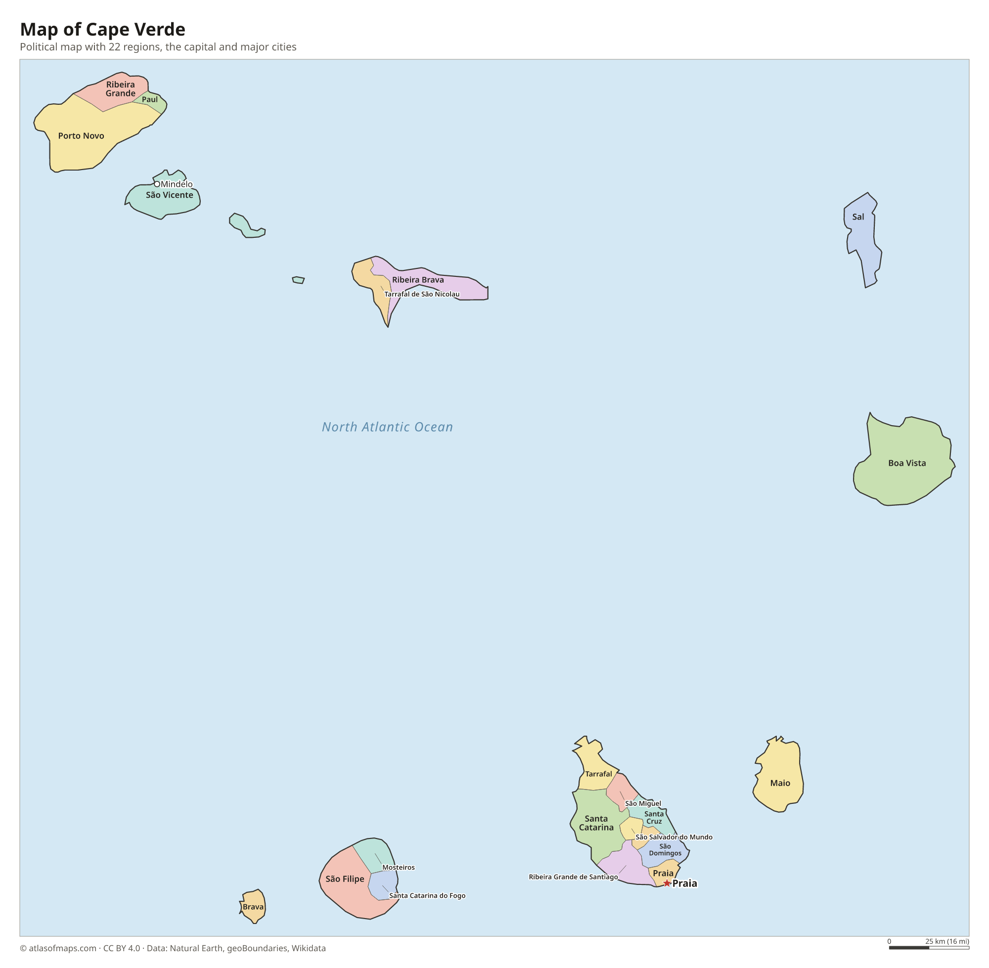 Political map of Cape Verde with its regions and the capital Praia