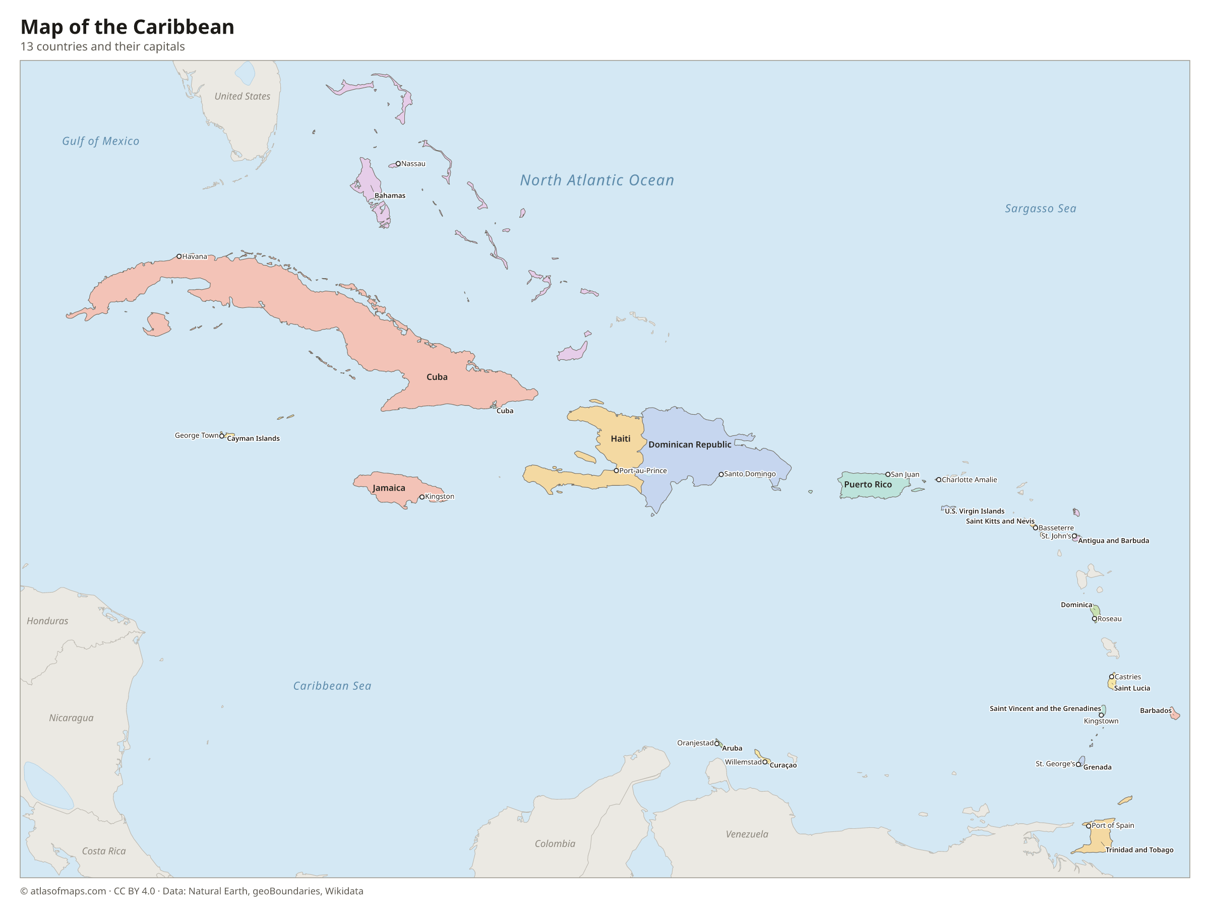 Map of the Caribbean with the countries and their capitals