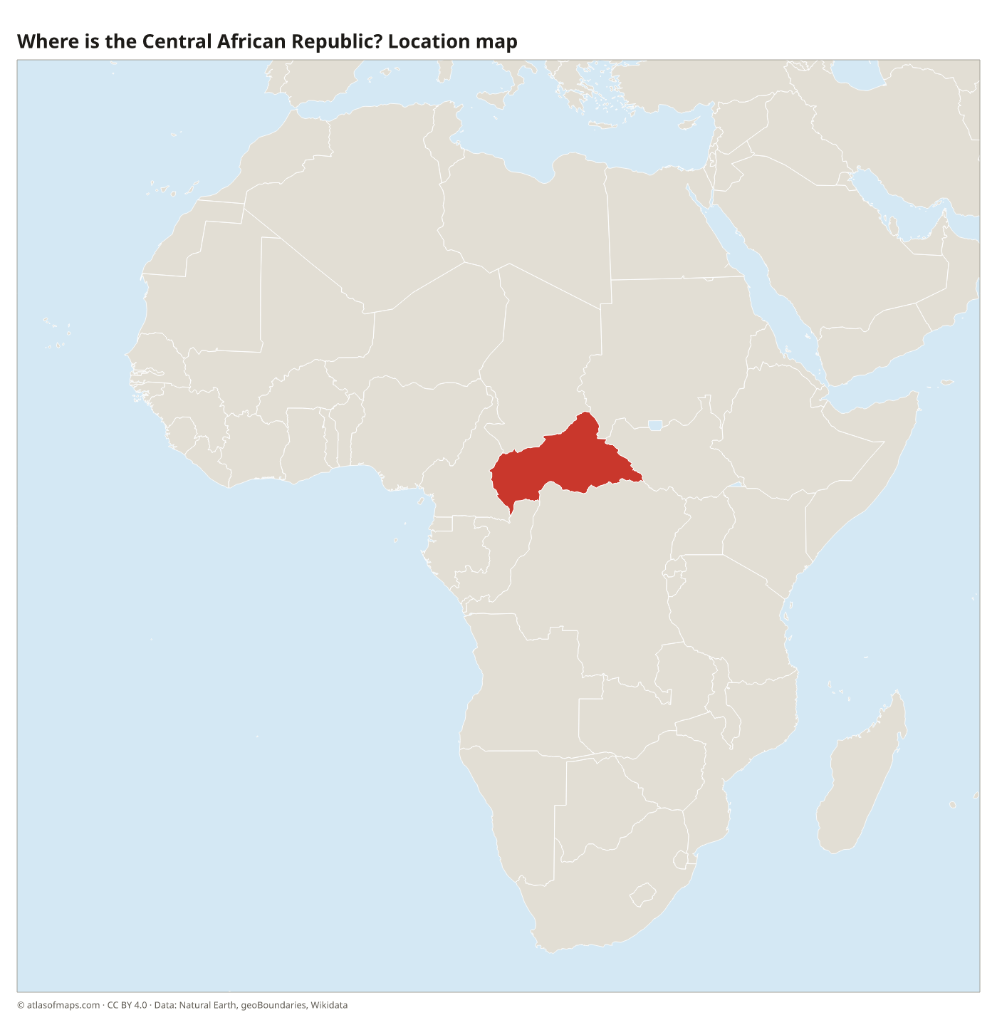 Where is the Central African Republic? Location map with the Central African Republic highlighted in red