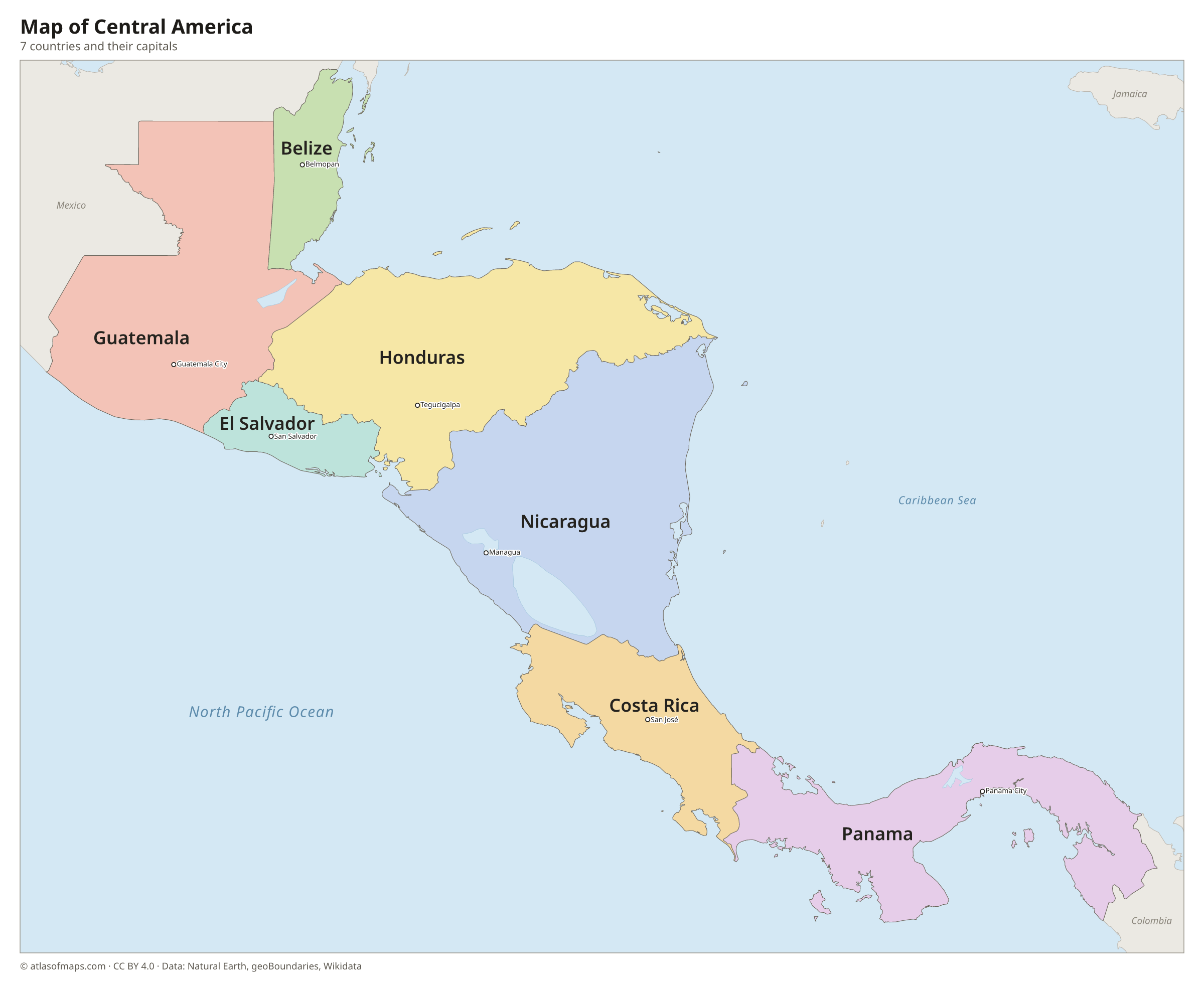Map of Central America with the countries and their capitals