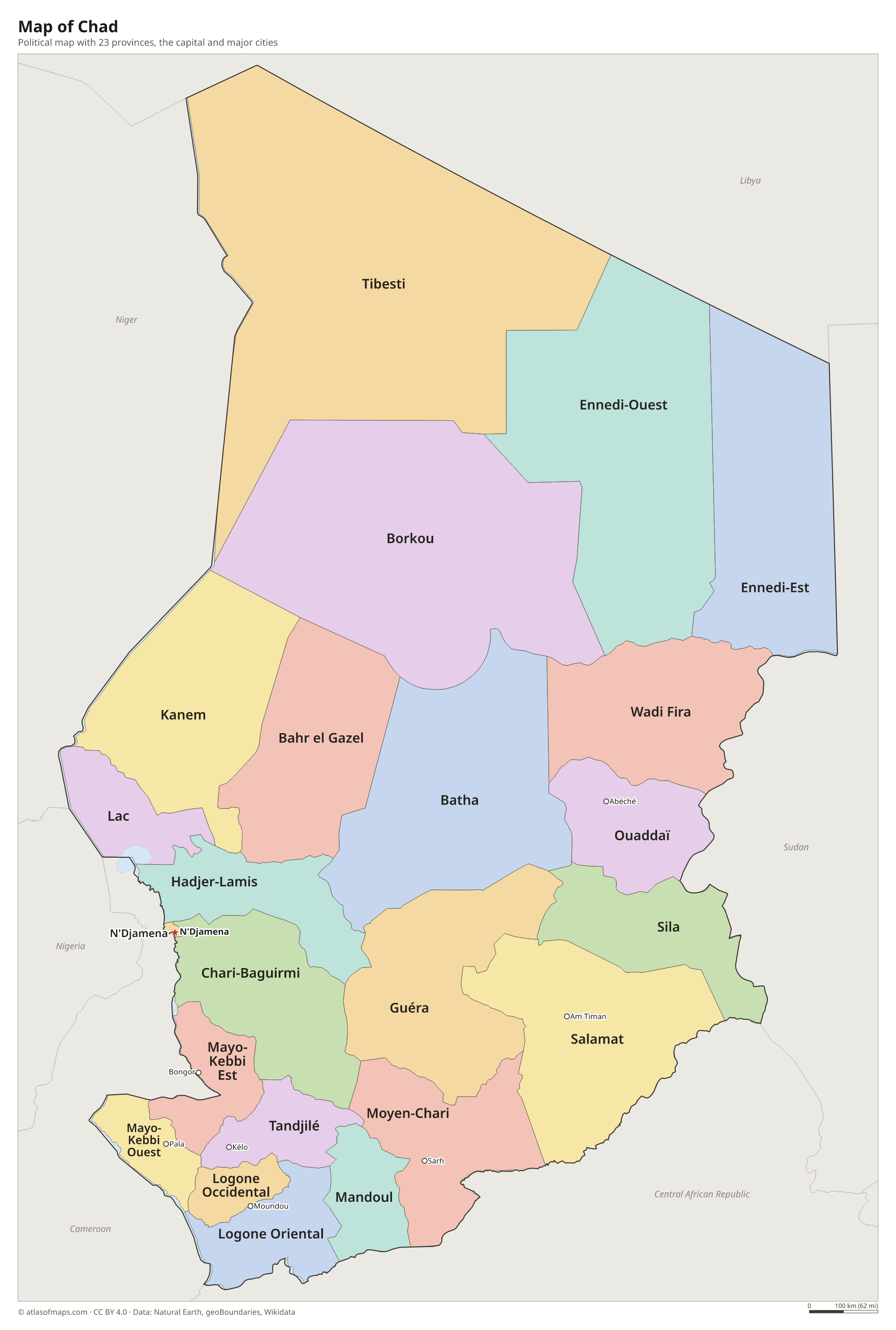 Political map of Chad with its provinces and the capital N'Djamena