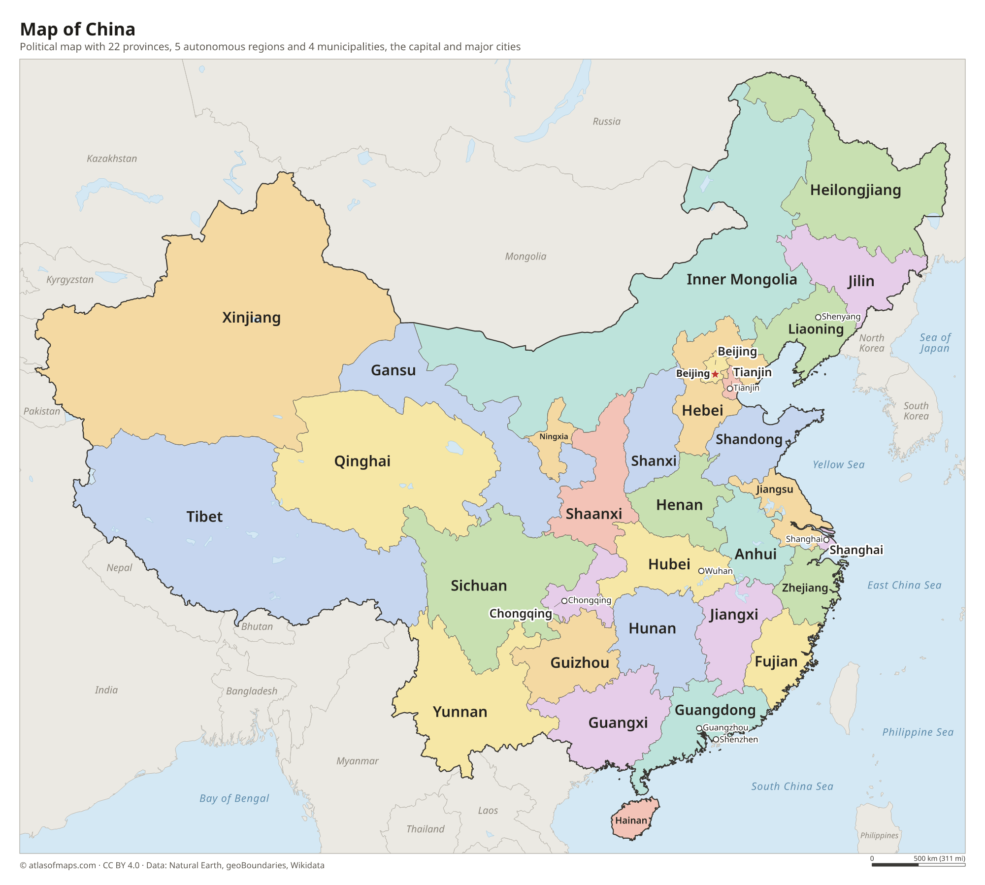 Political map of China with its provinces and the capital Beijing