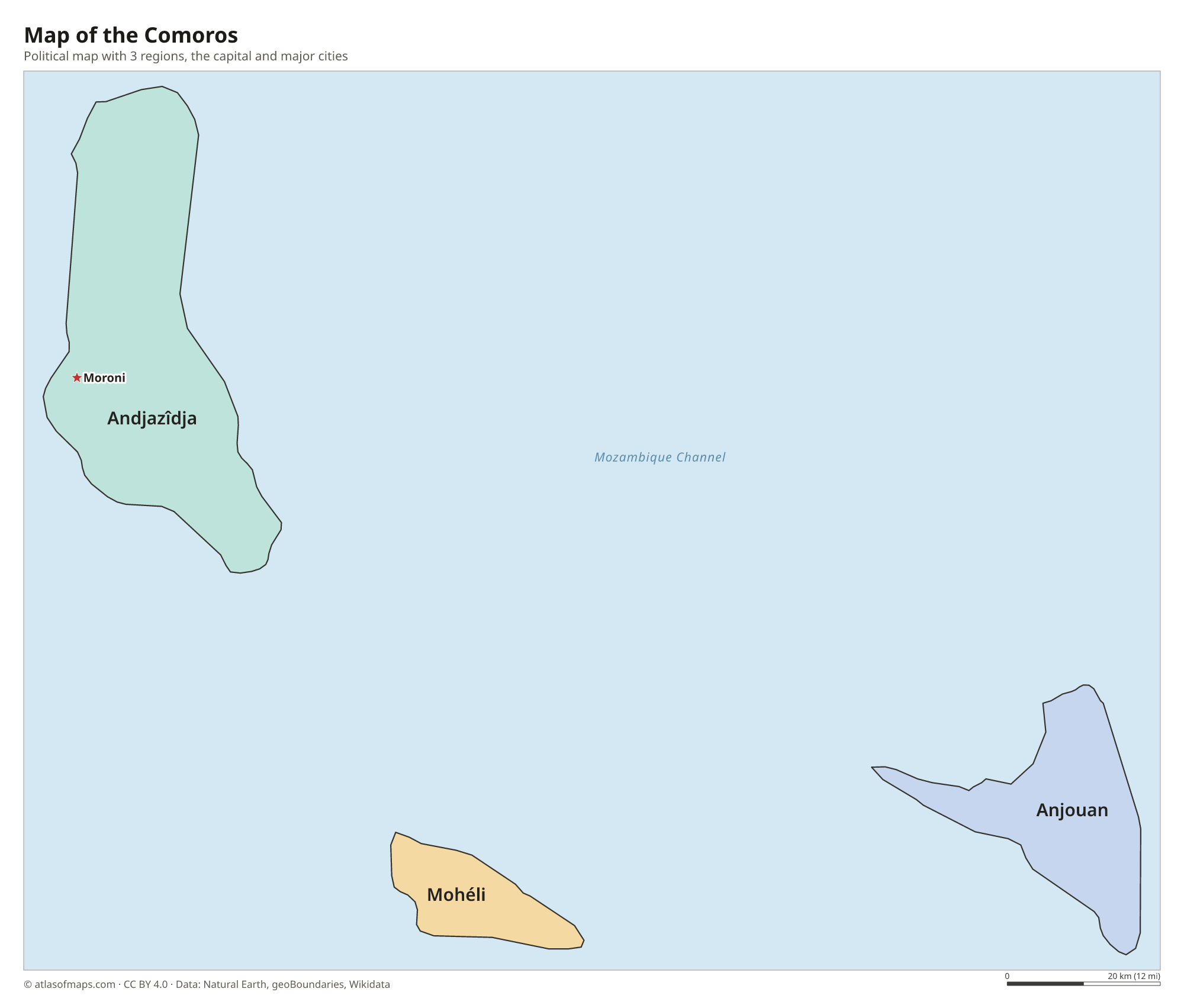 Political map of the Comoros with its regions and the capital Moroni