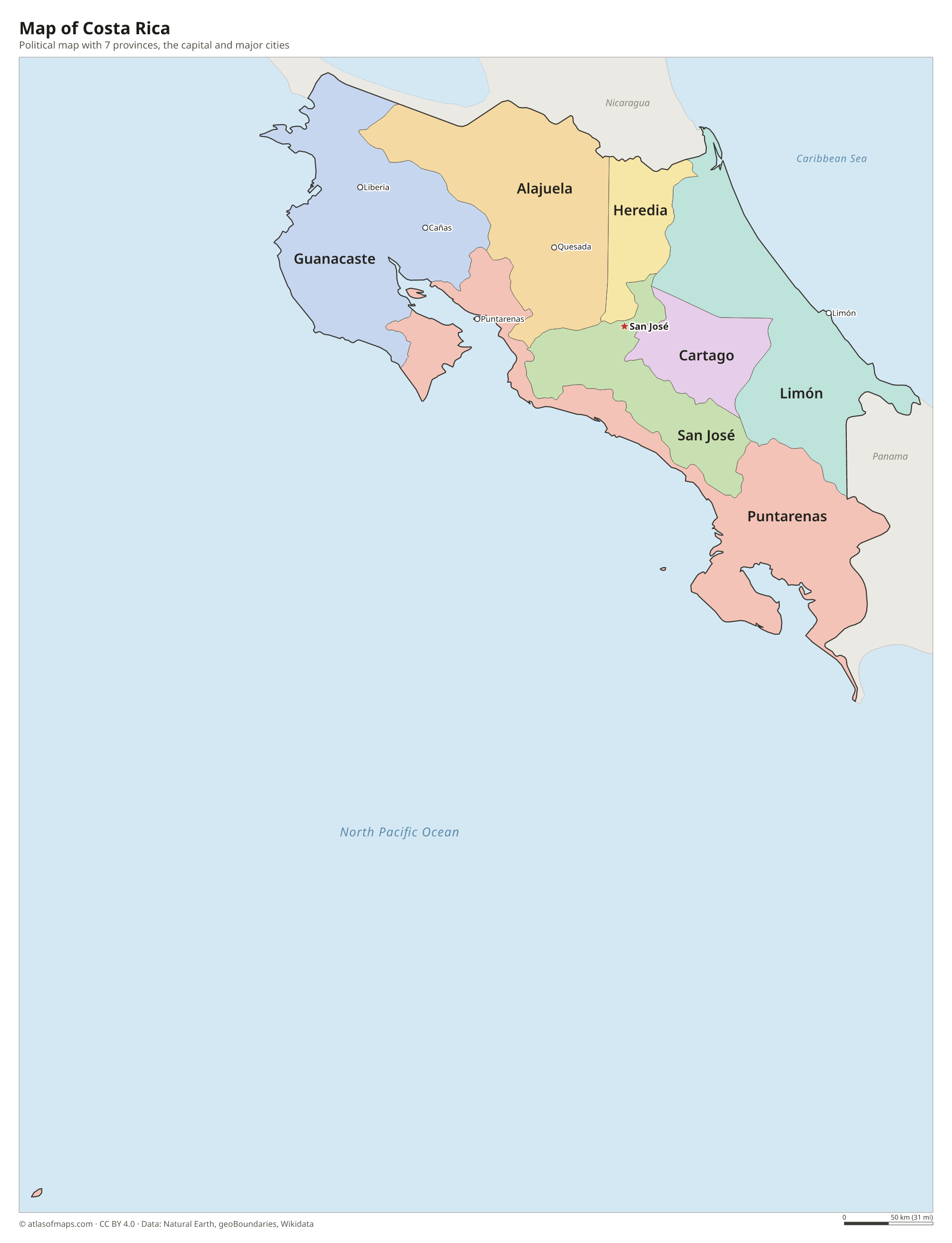 Political map of Costa Rica with its provinces and the capital San José