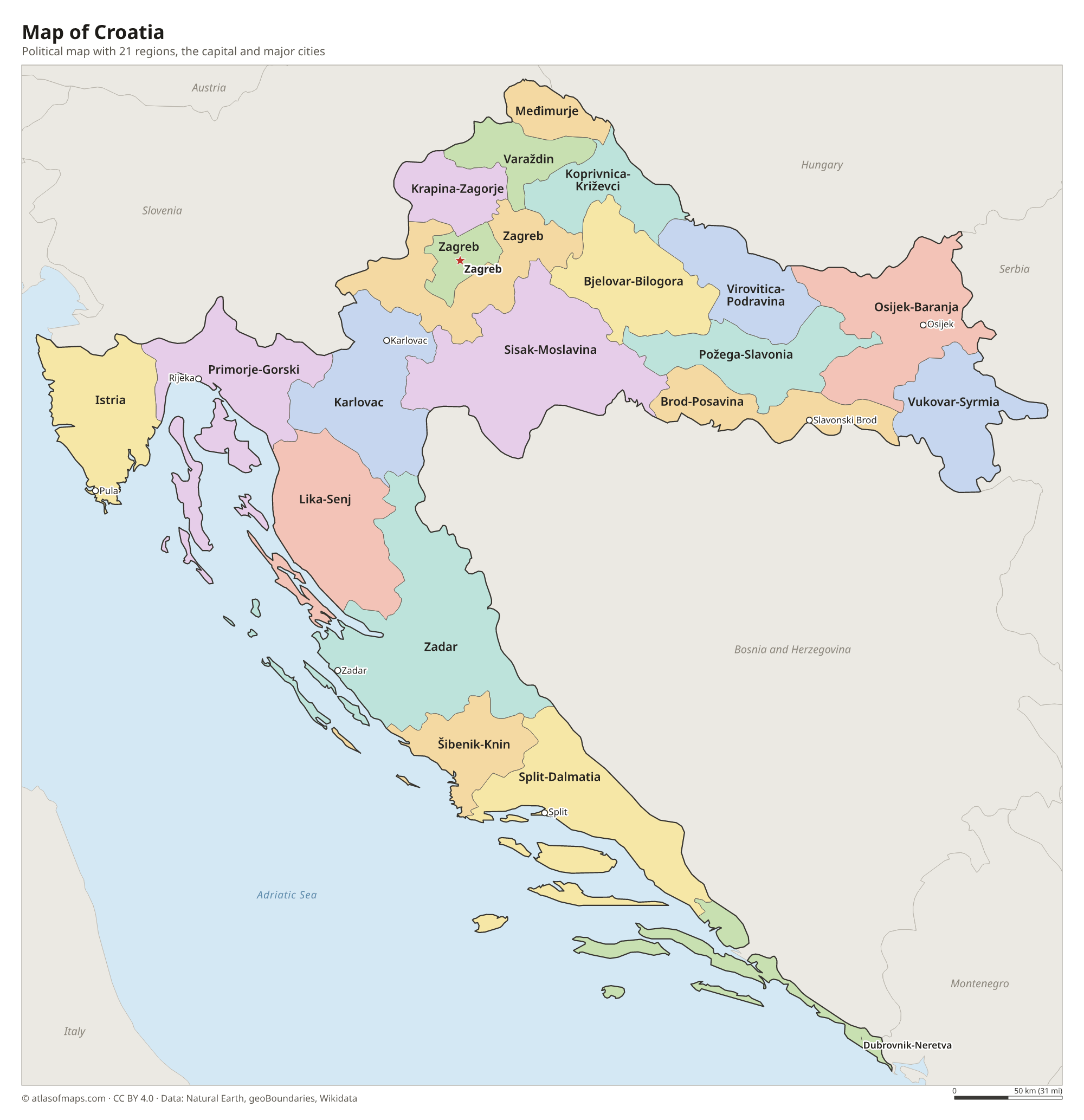 Political map of Croatia with its regions and the capital Zagreb