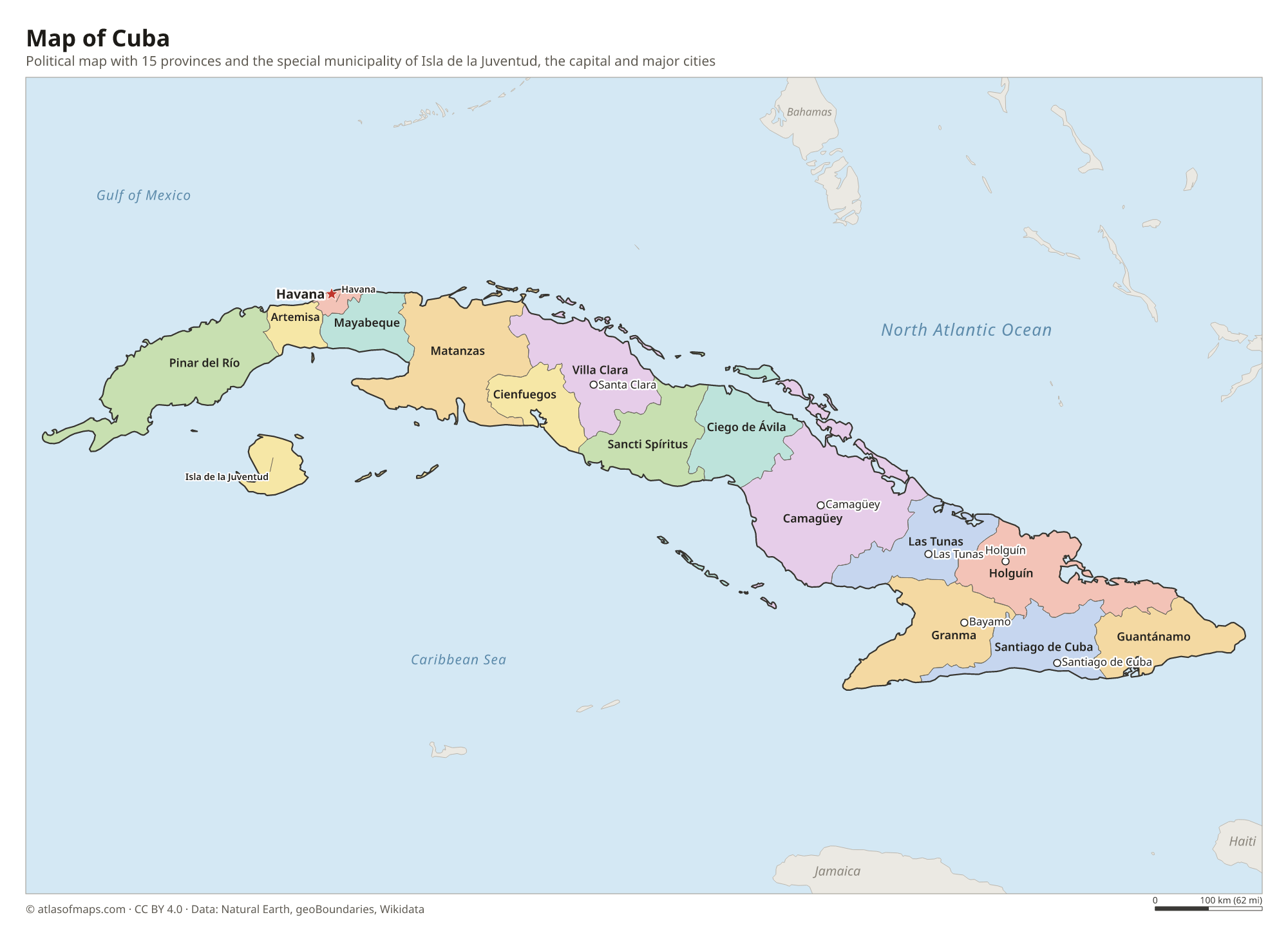 Political map of Cuba with its provinces and the capital Havana