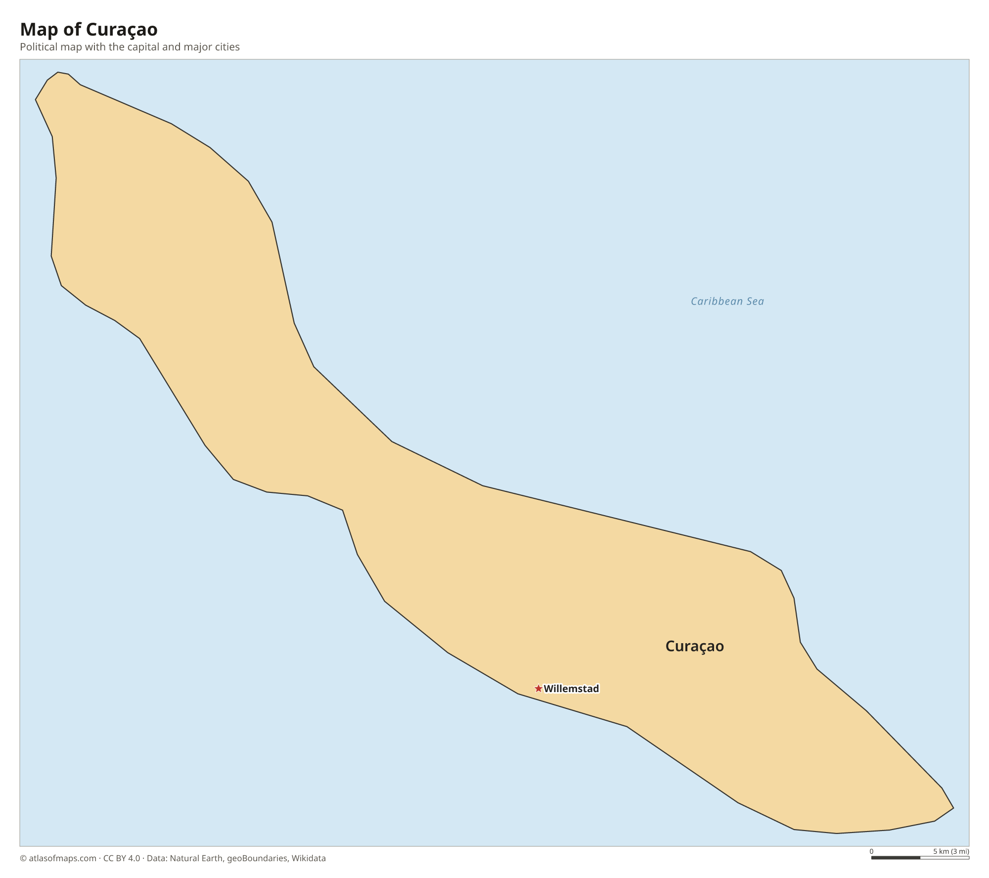 Political map of Curaçao with the capital Willemstad