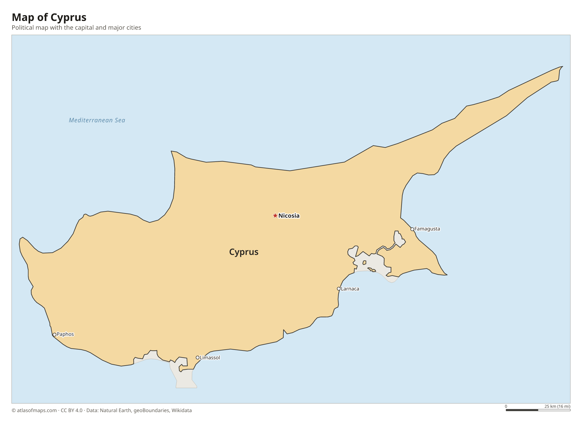Political map of Cyprus with the capital Nicosia