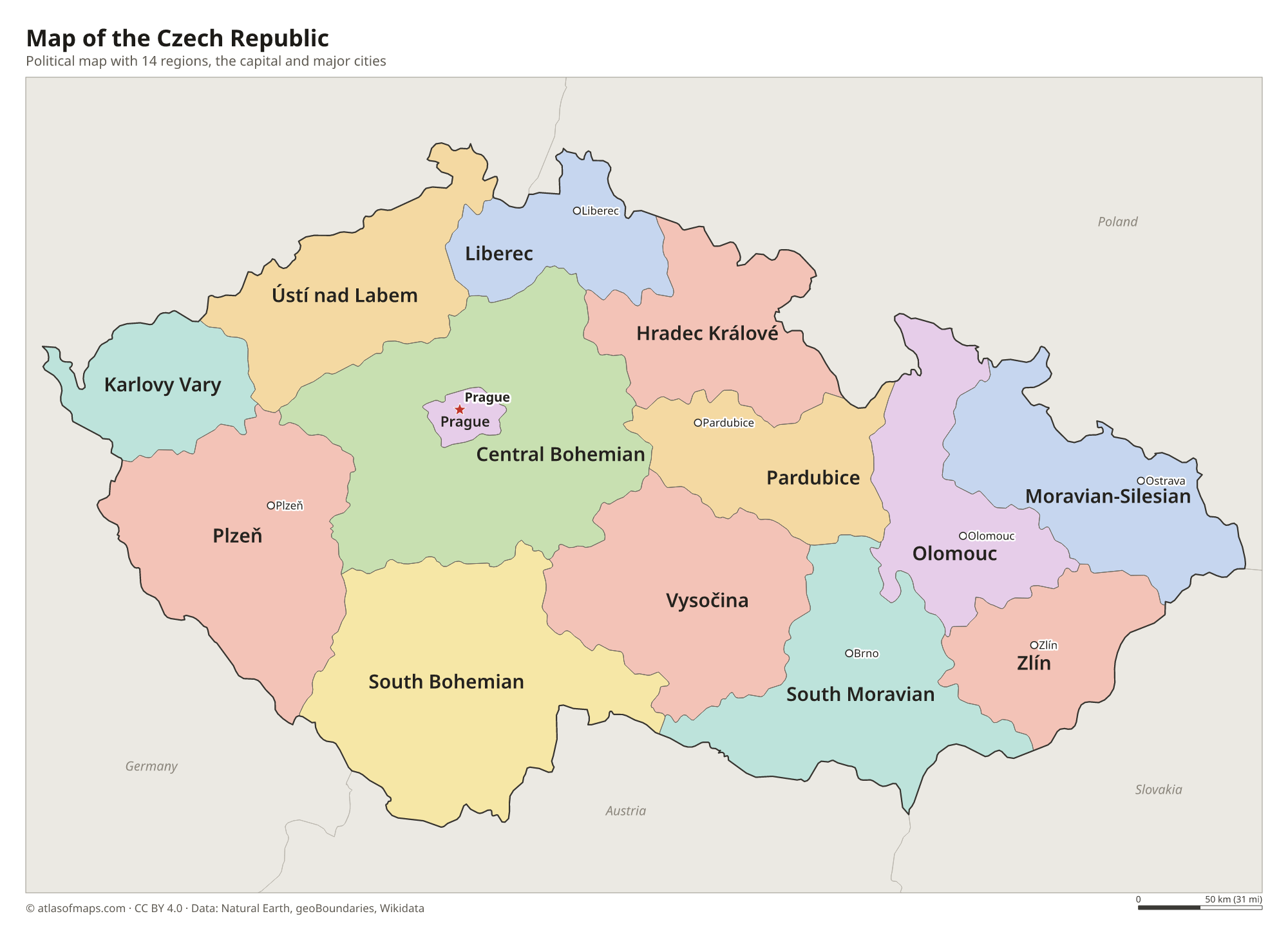 Political map of the Czech Republic with its regions and the capital Prague