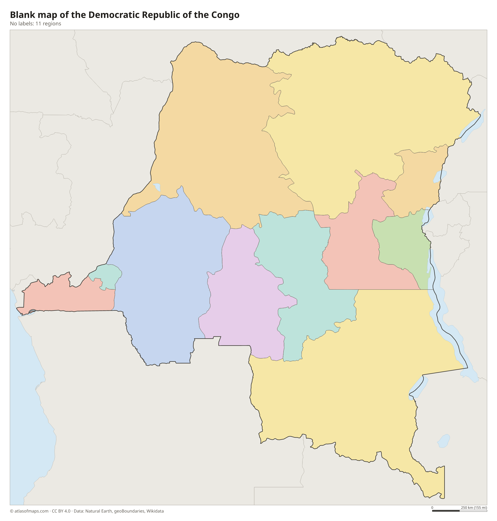 Blank outline map of the Democratic Republic of the Congo without labels