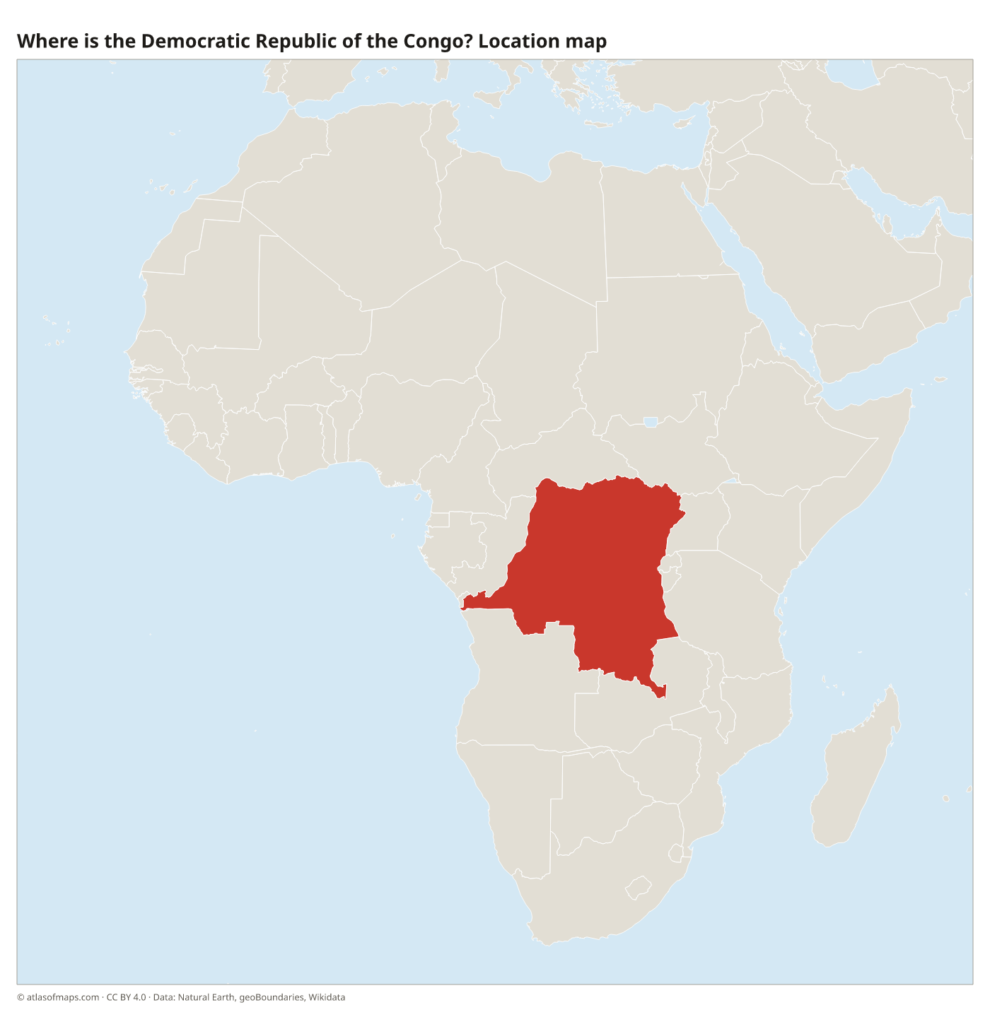 Where is the Democratic Republic of the Congo? Location map with the Democratic Republic of the Congo highlighted in red