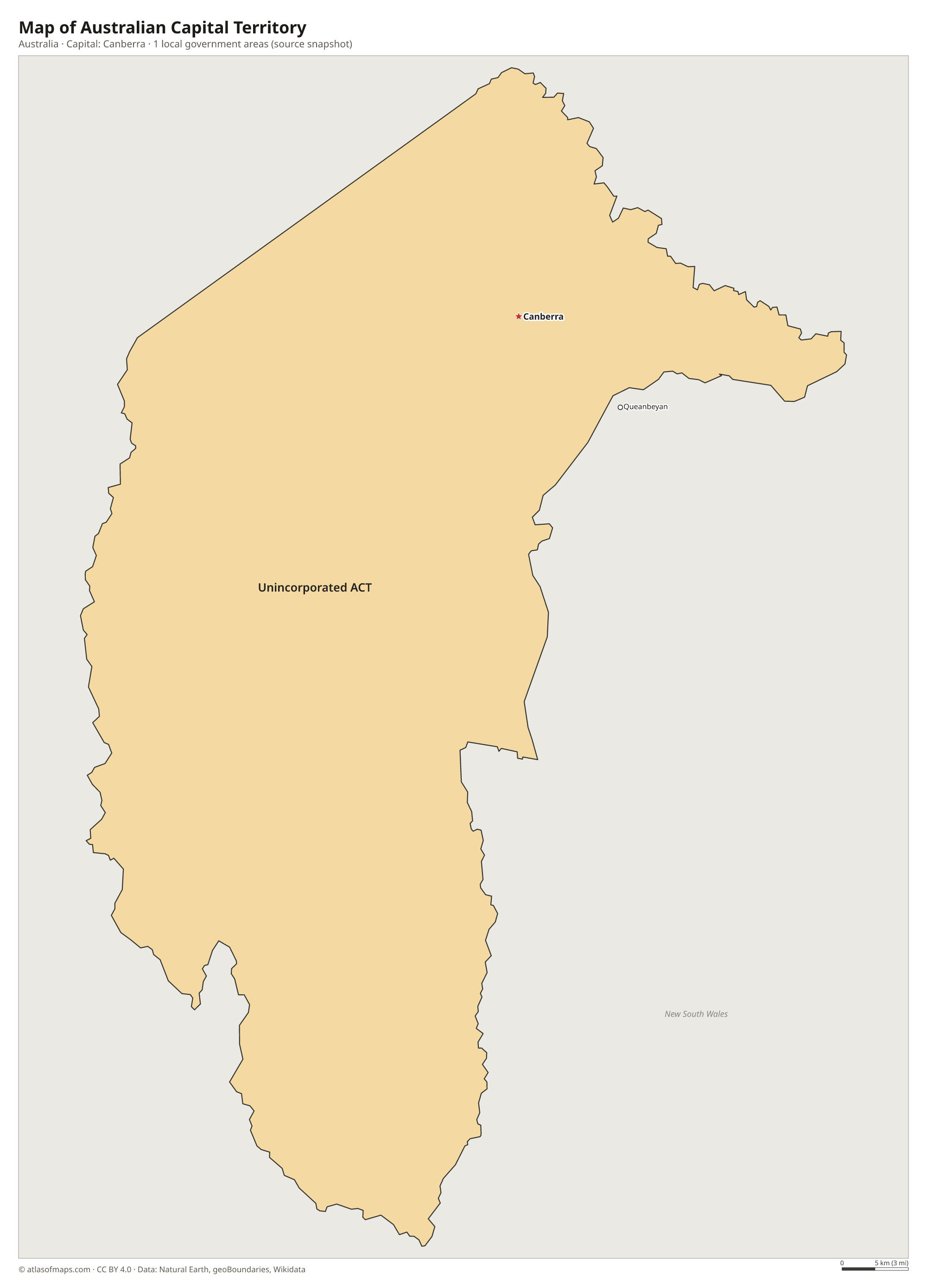Map of Australian Capital Territory with the capital Canberra, cities and local government areas