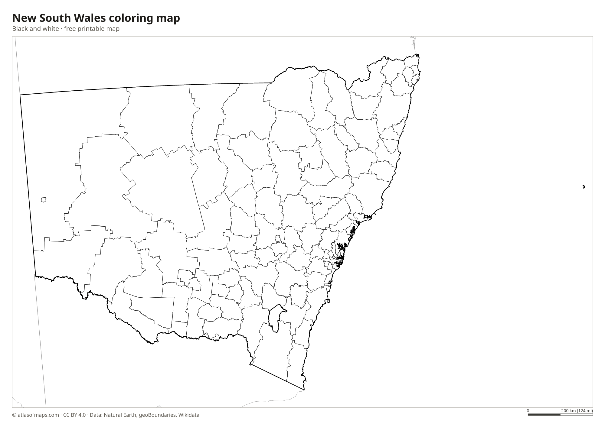Black-and-white coloring map of New South Wales